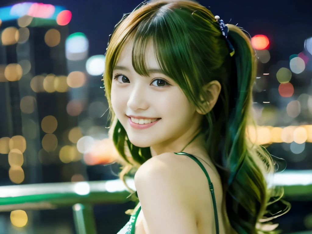 "8K resolution, Masterpiece Quality: 1.2, Photorealsitic: 1.4, Detailed 8k wallpapers, Cinematic lighting, sharp whole body focus, Idol of a 20-year-old Japan, Perfect body, Green hair, Green dress/lingerie, neon nightlife, bold confidence, skyline with green accents, stylish bar, Shy smile, Modern city life."