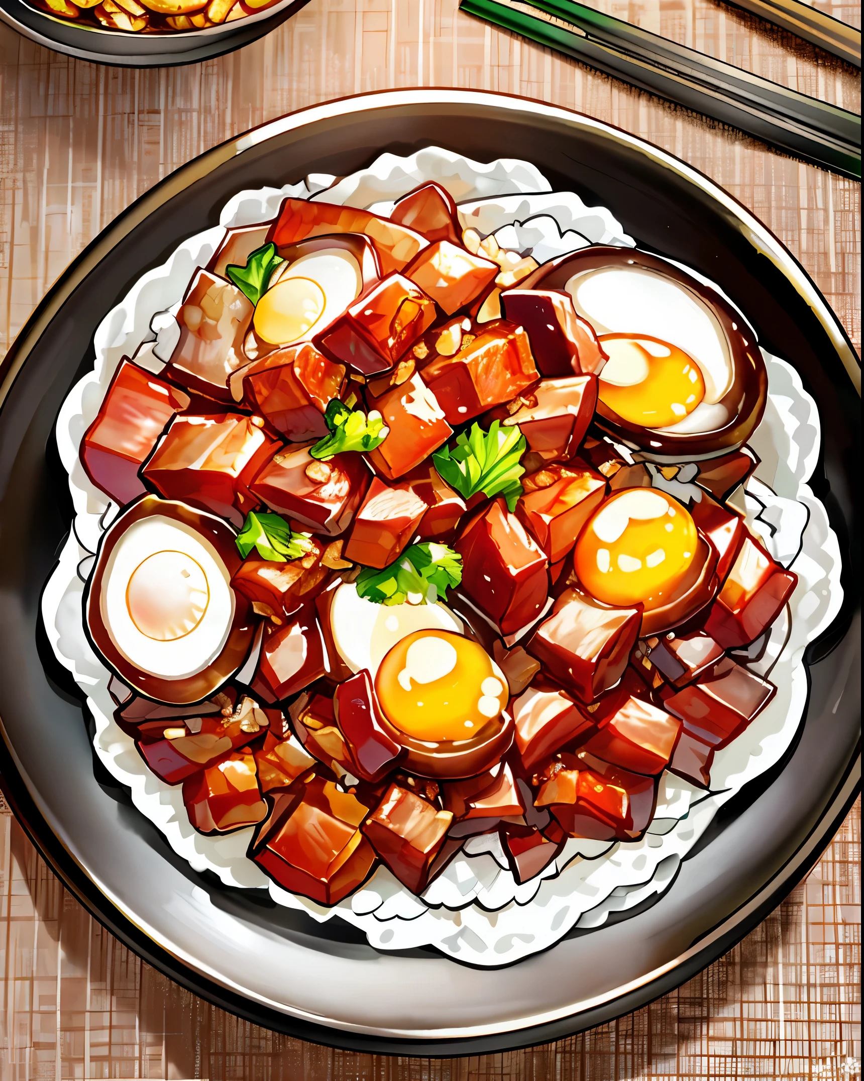 a bowl of braised pork rice, egg, vegetable, ((masterpiece)),illustration,high detail, soft lighting, delicious, colorful, aesthetically pleasing, studio lighting, trending