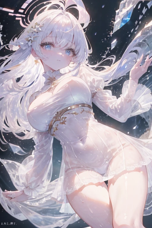 (Paradise in Heaven, White lighting,(masutepiece), (Best Quality), (Cinematic), 8K, (art  stations), Li Yue painting style.(長いWhite hairとSilvery eyesを持つ1人の女), (Beautiful delicate face)、[ Particle Lou Full Moon] [Frozen trees々] [landscape crystal] [Lighting] [Ethereal Atmosphere]:1.1] [Fantasy, short story] [soft Lighting] [+Cinematic shot]:1.2 [+art  stations] [+luminous white background] [+soft Lighting] [soft glow] [Creative and dynamic angles]:1.3, [+Crystal Toning] 、masutepiece, ighly detailed, Ultra-detailed, Solo, (pale skin), Silvery eyes, White hair, (snowy background), (snowflake rosen flower:1.0), (shining crystal),, (Snowy ground), (White lashes), Female sexy、dreamy and detailed, Gorgeous setting, 妖しい雰囲気 masutepiece, The most beautiful scenes, An majestic、(((full of white flowers)))、quiet and serene atmosphere、A charming, all white tones,Inside the crystal library,Transparent flowers and falling snow，Many white roses are planted,(flowingwater,falls,water bloom),The decoration is also carefully done.,Dreamy（ighly detailedです，Creative Design，crisp and precise lines，K HD，best qualtiy，tmasterpiece，超hight resolution，4K）、Diverse poses、((beautiful white flower hair ornament))、Beautiful hairstyle、(Best Quality, 4K, 8K, hight resolution, masutepiece:1.2), Ultra-detailed, Detailed expression, Graceful posture, expressive brush strokes, mystic atmosphere, artistic interpretation,Delicate floral jewelry， (((Detailed design、Beautiful lace translucent dress、see-through small dress)))、(SFW:1.5), (Oversized breasts, best body proportions, proportions of large breasts,:1.5),(white decoration on thigh)、((Beautiful crystal accessories on the legs))。((Beautiful crystal accessories on the arm))、(((maikurobikini)))