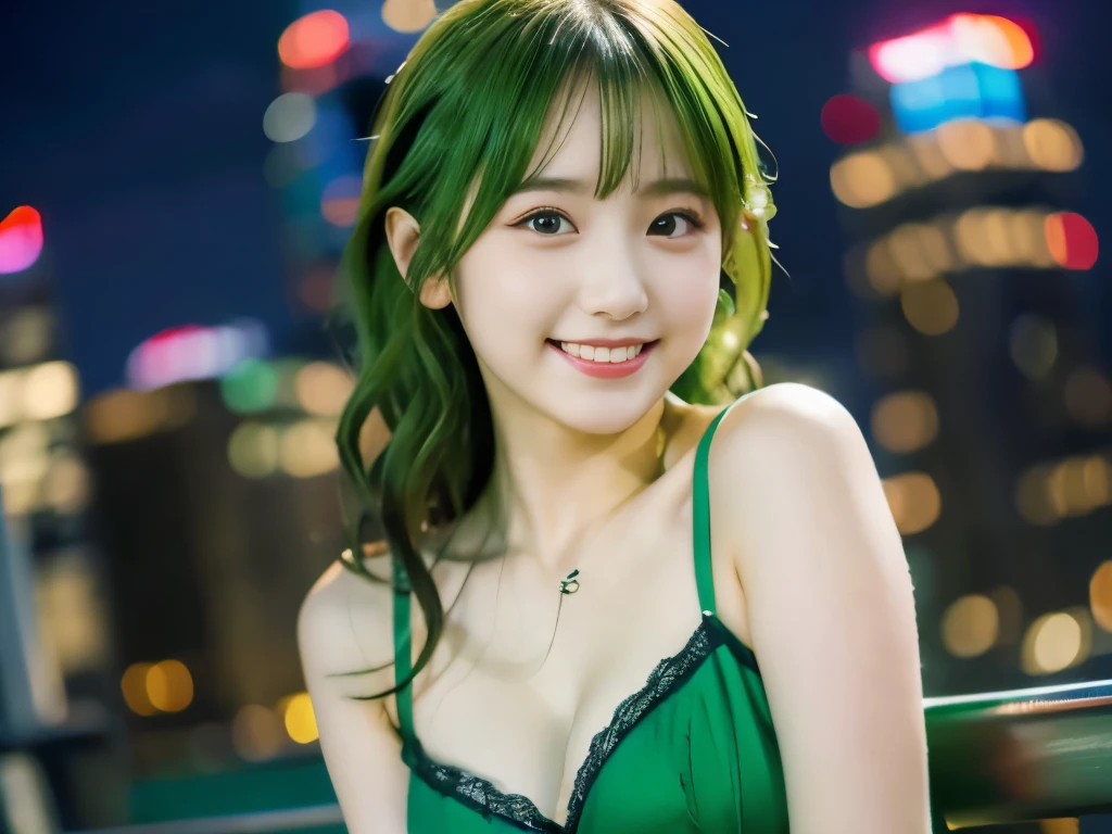 "8K resolution, Masterpiece Quality: 1.2, Photorealsitic: 1.4, Detailed 8k wallpapers, Cinematic lighting, sharp whole body focus, Idol of a 20-year-old Japan, Perfect body, Green hair, Green dress/lingerie, neon nightlife, bold confidence, skyline with green accents, stylish bar, Shy smile, Modern city life."