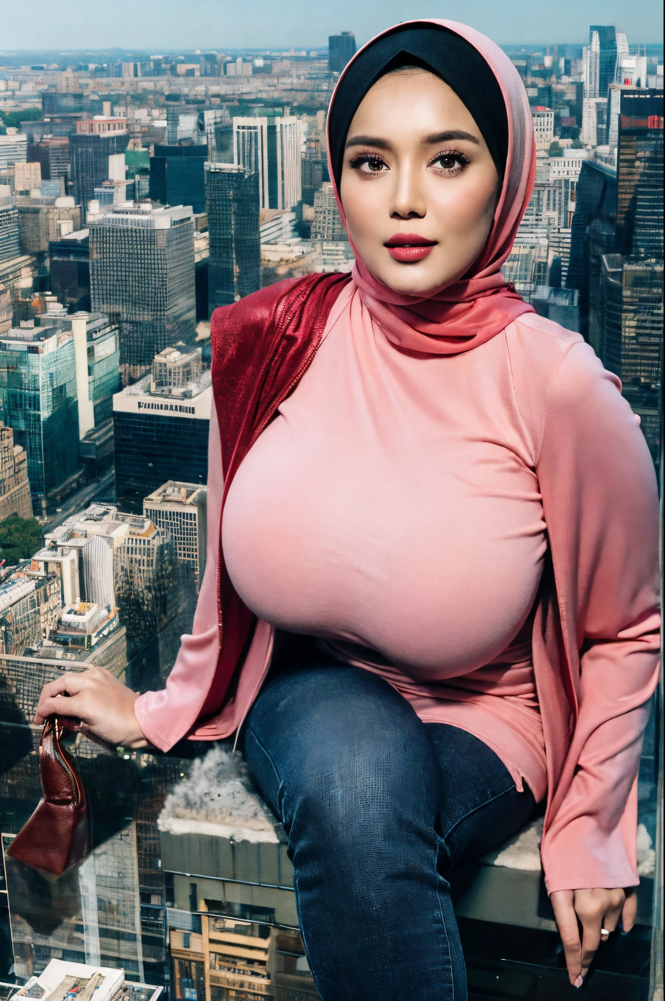 (Best quality, high resolution, masterpiece: 1.3), a beautiful malay woman in hijab, gigantic breasts, slim figure, sweatshirt, beautifully presented details in the street and facial and skin texture, detailed eyes, double eyelids, big eyeschest visible, shirt openfeatures), HDR, 8k resolution, nice fingers, firm skin, (((high detail skin, visible pores))), 1 female, tall body, 30 years old, holding a luxurious handbag(ultra Gigantic Breasts:1.3, heavy hanging breasts, perfect round shape breast), wearing jeans Tight Malay Gamis Pastel Close Up Tight Hijab, big busty red lips, Full Body, Beautiful Shy Smile, Wearing High Heels, In Lux, wearing deep_v-neck_dress, (giga:1.3), giantess, (city destruction:1.35), metropolis, london, aerial view, sitting on a building