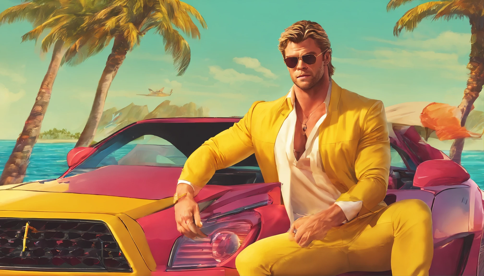 A photorealistic portrait of Chris Hemsworth, styled in a Miami Vice-inspired look, captured by Austin English in his signature minimalist style. Hemsworth wears a cobalt white button-down shirt and matching bomber jacket, the color echoing the Miami sky behind him. His hair tousled by the ocean breeze, and his gaze smolders with an intensity that could melt glaciers. He sits in a yellow Lamborghini with ruby red interior. A beautiful latina girl in a bikini sits next to him. The palm trees lining South Beach frame the shot, while hinting at Hemsworth's jet-set lifestyle. The overall vibe a blend of masculine charm, carefree luxury, and a touch of danger, reminiscent of classic 80s action movies.