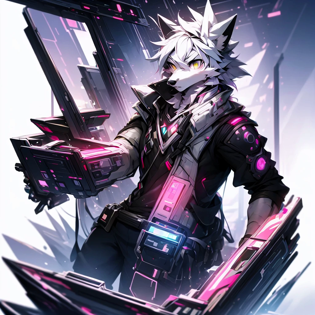 cyber punk perssonage,epcot,Tech style,solo person,White body,White ears,White hair,Overall white,Orange-yellow eyes,Wolf tail,Wolf orcs,Young,Wear a short-sleeved shirt,Ultra-clear screen,Soft lines
