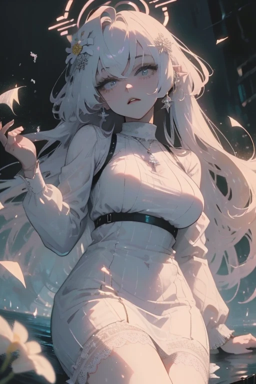 Paradise in Heaven, White lighting,(masutepiece), (Best Quality), (Cinematic), 8K, (art  stations), Li Yue painting style.(長いWhite hairとSilvery eyesを持つ1人の女), (Beautiful delicate face)、[ Particle Lou Full Moon] [Frozen trees々] [landscape crystal] [Lighting] [Ethereal Atmosphere]:1.1] [Fantasy, short story] [soft Lighting] [+Cinematic shot]:1.2 [+art  stations] [+luminous white background] [+soft Lighting] [soft glow] [Creative and dynamic angles]:1.3, [+Crystal Toning] 、masutepiece, ighly detailed, Ultra-detailed, Solo, (pale skin), Silvery eyes, White hair, (snowy background), (snowflake rosen flower:1.0), (shining crystal),, (Snowy ground), (White lashes), Female sexy、dreamy and detailed, Gorgeous setting, 妖しい雰囲気 masutepiece, The most beautiful scenes, An majestic、(((full of white flowers)))、quiet and serene atmosphere、A charming, all white tones,Inside the crystal library,Transparent flowers and falling snow，Many white roses are planted,(flowingwater,falls,water bloom),The decoration is also carefully done.,Dreamy（ighly detailedです，Creative Design，crisp and precise lines，K HD，best qualtiy，tmasterpiece，超hight resolution，4K）、Diverse poses、((beautiful white flower hair ornament))、Beautiful hairstyle、(Best Quality, 4K, 8K, hight resolution, masutepiece:1.2), Ultra-detailed, Detailed expression, Graceful posture, expressive brush strokes, mystic atmosphere, artistic interpretation,Delicate floral jewelry， (((Detailed design、Beautiful lace translucent dress、see-through small dress)))、(SFW:1.5), (Oversized breasts, best body proportions, proportions of large breasts,:1.5),(white decoration on thigh)、((Beautiful crystal accessories on the legs))。((Beautiful crystal accessories on the arm))、(((maikurobikini)))