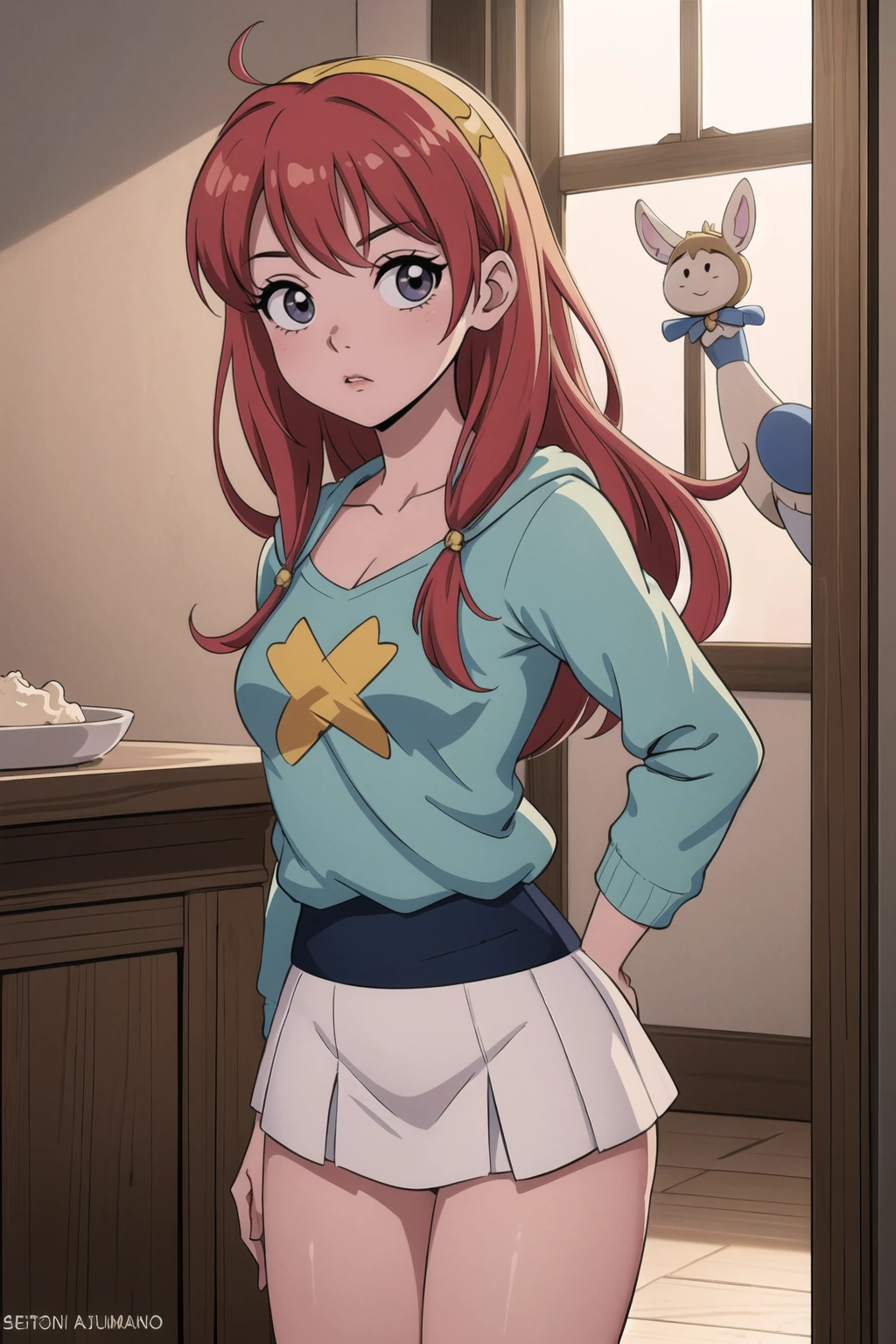 (Obra maestra, La mejor calidad, Altas Resoluciones, High resolution:1.2), extremadamente detallado, realista, Detalles intrincados, Lucy Heartfilia, solamente, bashful, sonrojarse, Pecas, con sudadera, Small panties, highleg bragas, En pie, (cinematic lighting, luz del sol, volumetic), dentro, ventana, Mirando al espectador