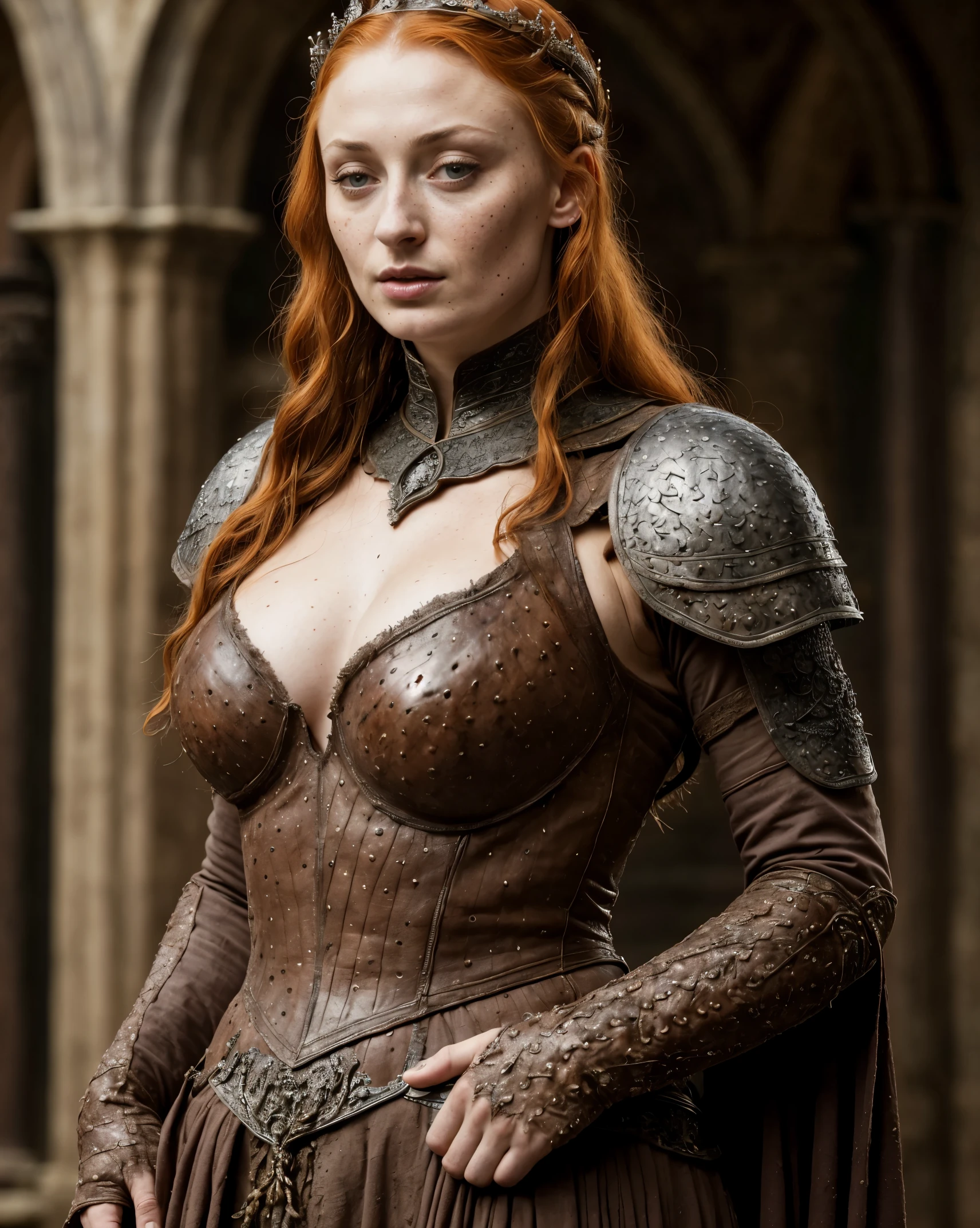 ( Photograph of Sophie Turner ) Alayne Stone, Gorgeous Woman, upper body shot , Closeup, Queen, queen lady, Lady of Winterfell, Wardeness of the North, : Sansa Stark) the de facto Lady of the Eyrie, 40 years Old, she a Full growned mature lady now, beautiful mature lady, the queen, milf beauty, mature queen, perfectly visible mole on her breast, a captivating woman, beautiful queen, empress, mediaeval queen, alluring appearance, unrivaled beauty, wonderful breasts, large breasts, mediaeval erotic costumes, a Game of Thrones-inspired costume, a close-up of a woman from the middle ages, scene from "Game of Throne," deep cleavage, warrior princess, healthy body, perfect thick body, attractive figure, fleshy body, style of "Game of Throne," beautiful lady, beautiful woman, stunning woman, dress made of leather clothe ( ( insanely detailed realistic skin texture, pores, wrinkles ,freckles) , realistic environment, detailed ultra realistic facial features perfect body parts, natural light ( hyper photorealistic) )