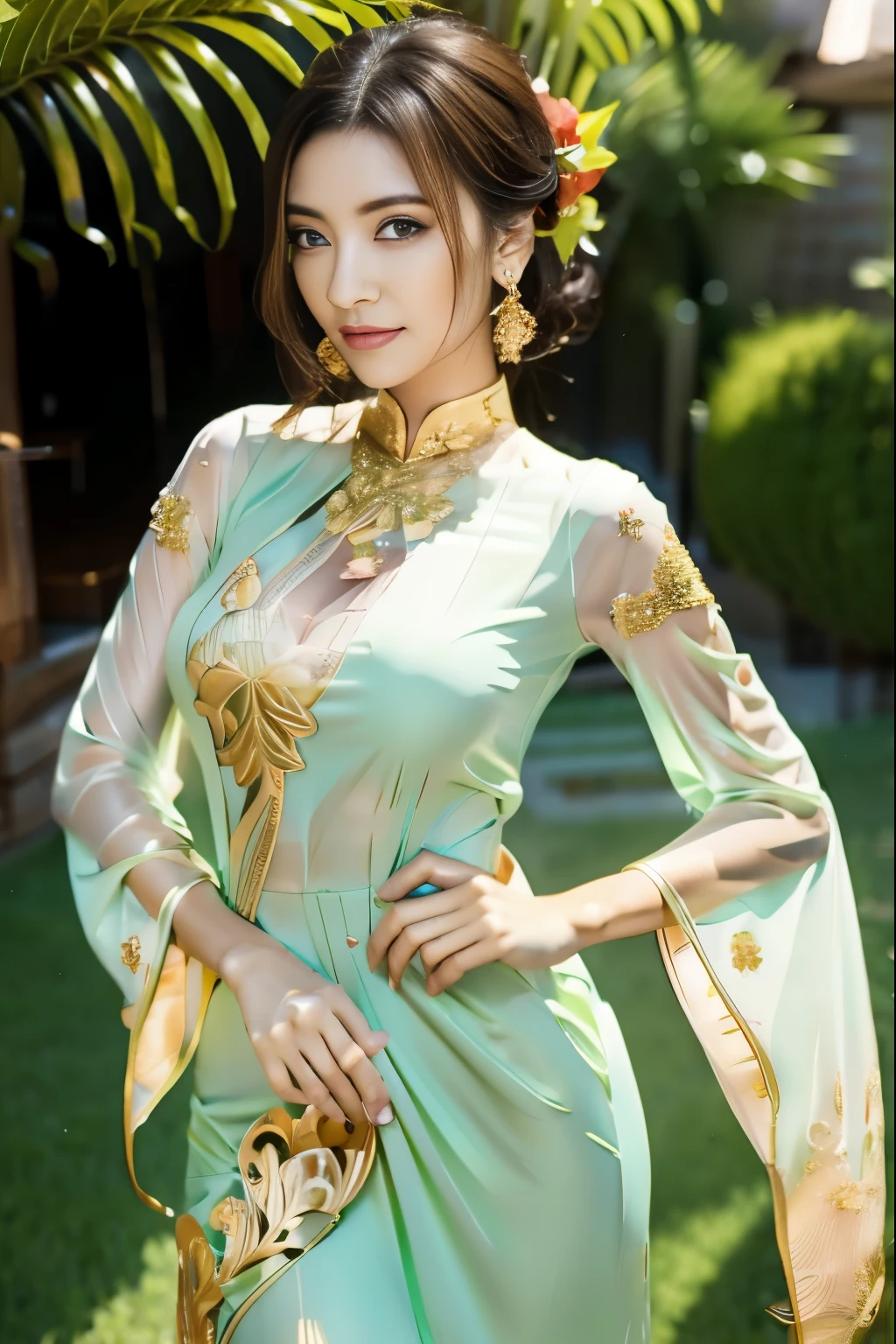 araffe woman in green dress posing for a picture in front of a window, wearing a magnificent dress, wearing an elegant dress, stunning elegant pose, very beautiful elven top model, gorgeous woman, elegant fashion model, sexy gown, elegant glamourous , captivating and enticing, alluring mesmer woman, dressed beautiful gown, closeup portrait shot