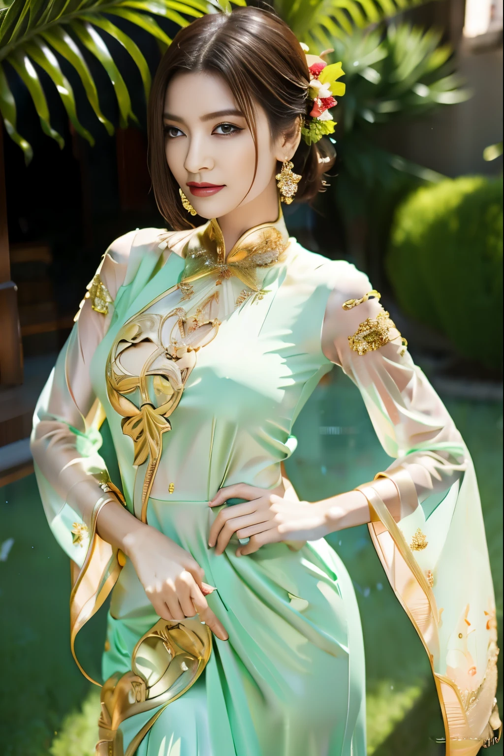 araffe woman in green dress posing for a picture in front of a window, wearing a magnificent dress, wearing an elegant dress, stunning elegant pose, very beautiful elven top model, gorgeous woman, elegant fashion model, sexy gown, elegant glamourous , captivating and enticing, alluring mesmer woman, dressed beautiful gown, closeup portrait shot