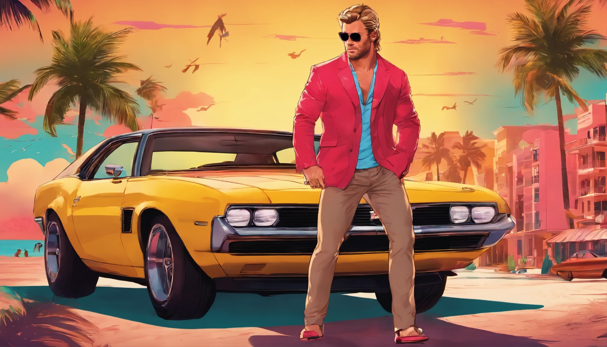 Austin English captures Chris Hemsworth in his signature minimalist style, presenting a photorealistic portrait featuring Hemsworth adorned in a Miami Vice-inspired attire. Dressed in a cobalt white button-down shirt and matching bomber jacket, the colors mirror the vibrant Miami skyline. Hemsworth's windswept hair and captivating gaze exude an intense allure, set against the backdrop of a yellow Lamborghini with ruby red interior. Accompanying him is a stunning Latina, donning a bikini and aviator sunglasses, adding to the glamorous scene. The shot, framed by South Beach's palm trees, evokes Hemsworth's high-flying lifestyle, blending masculine charm, opulent leisure, and a hint of danger reminiscent of iconic 80s action films.