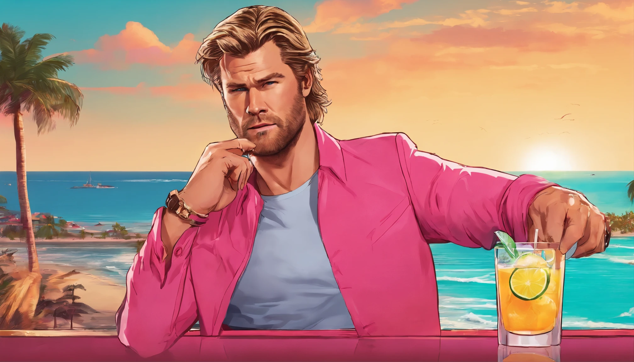 A photorealistic portrait of Chris Hemsworth, styled in a Miami Vice-inspired look, captured by Austin English in his signature minimalist style. Hemsworth wears a cobalt white button-down shirt and matching bomber jacket, the color echoing the Miami sky behind him. His hair tousled by the ocean breeze, and his gaze smolders with an intensity that could melt glaciers. He sips a margarita at a Little Havana Beach Bar. A beautiful latina girl in a bikini hugs him from while holding a glass of blue liquid. The palm trees lining South Beach frame the shot, while hinting at Hemsworth's jet-set lifestyle. The overall vibe a blend of masculine charm, carefree luxury, and a touch of danger, reminiscent of classic 80s action movies.