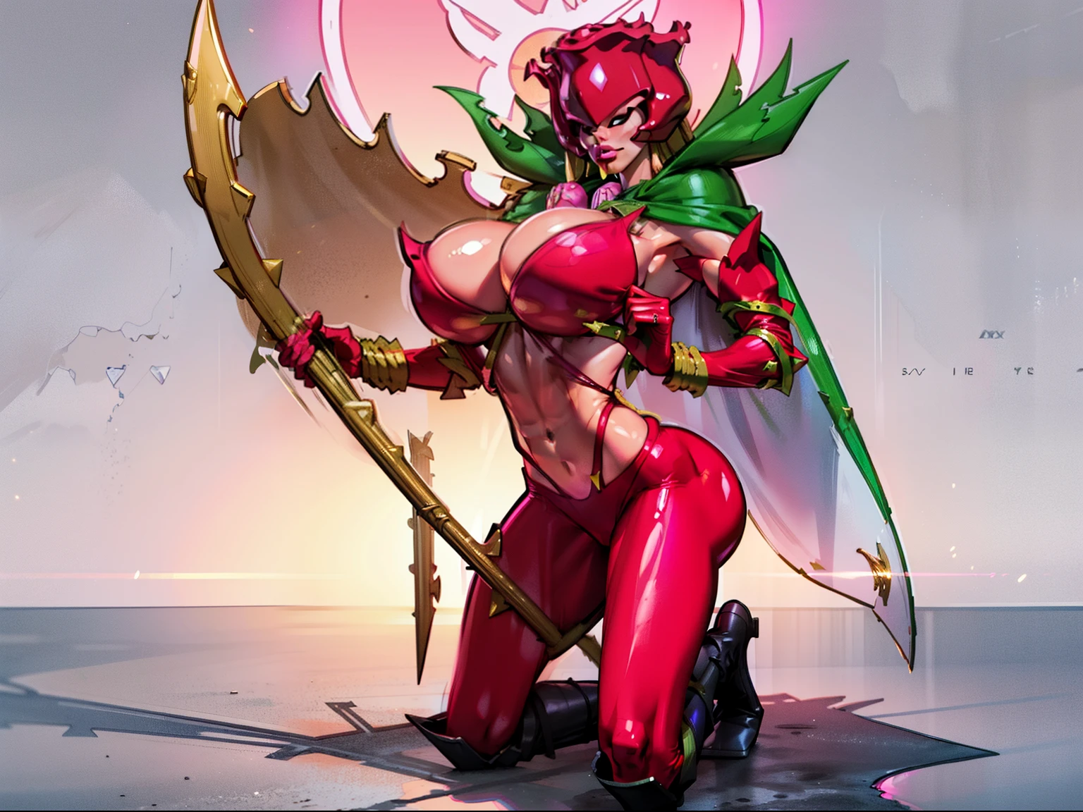 woman, rosemon , ((pink skin:1.4)), adorned in red suit, ((twerking)), metal muscles, emanating a medieval elegance and marvel, green cape, armor pump boots, red bra, small armband), gauntlets, ((armored bikini:1.4)), sword, shield, exposed midriff, (puffy lips:1.3), detailed eyes, ((slendered abs:1.2)),(((gigantic breasts:1.5))), wide hips, (puffy lips:1.5), slender abs,rim lighting, side light, (((cinematic light))), ultra high definition, 8k, film grain,best shadow, light particles, detailed skin texture, detailed gem armor texture, detailed face, intricate details, super detailed, bright, spiked heel boots