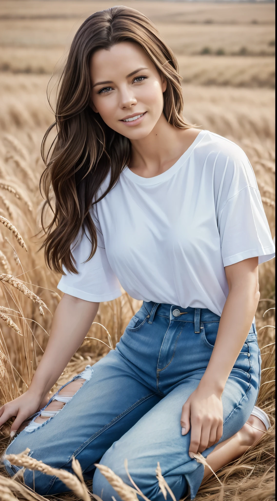 Foto hiperrealista en primer plano de Kate Beckinsale,  masterpiece, best quality, (photorealistic:1.4), full body, (white oversize male t-shirt:1.1), (blue jeans:1.2), brown sandals, sits in a field of ripe wheat, the wheat covers it, summer day,cinematic light, beautiful woman, skinny, small breasts, straight brown hair, detailed face, smile, photo taken from a distance, age 20 tears old, smile