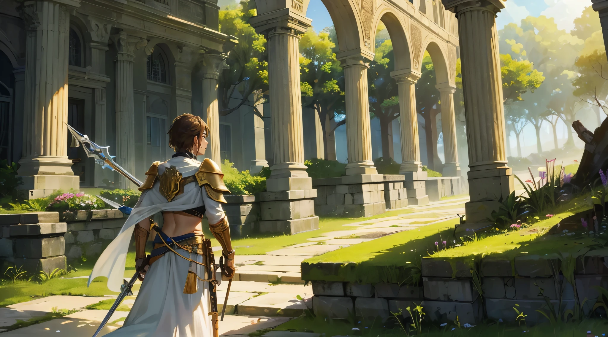 1 bravo guerreiro se aventura em um lugar desconhecido, ele tem uma armadura linda, he has two swords in his hands, your back is entering a beautiful, lush place, um lugar atraente e intrigante, where only he exists