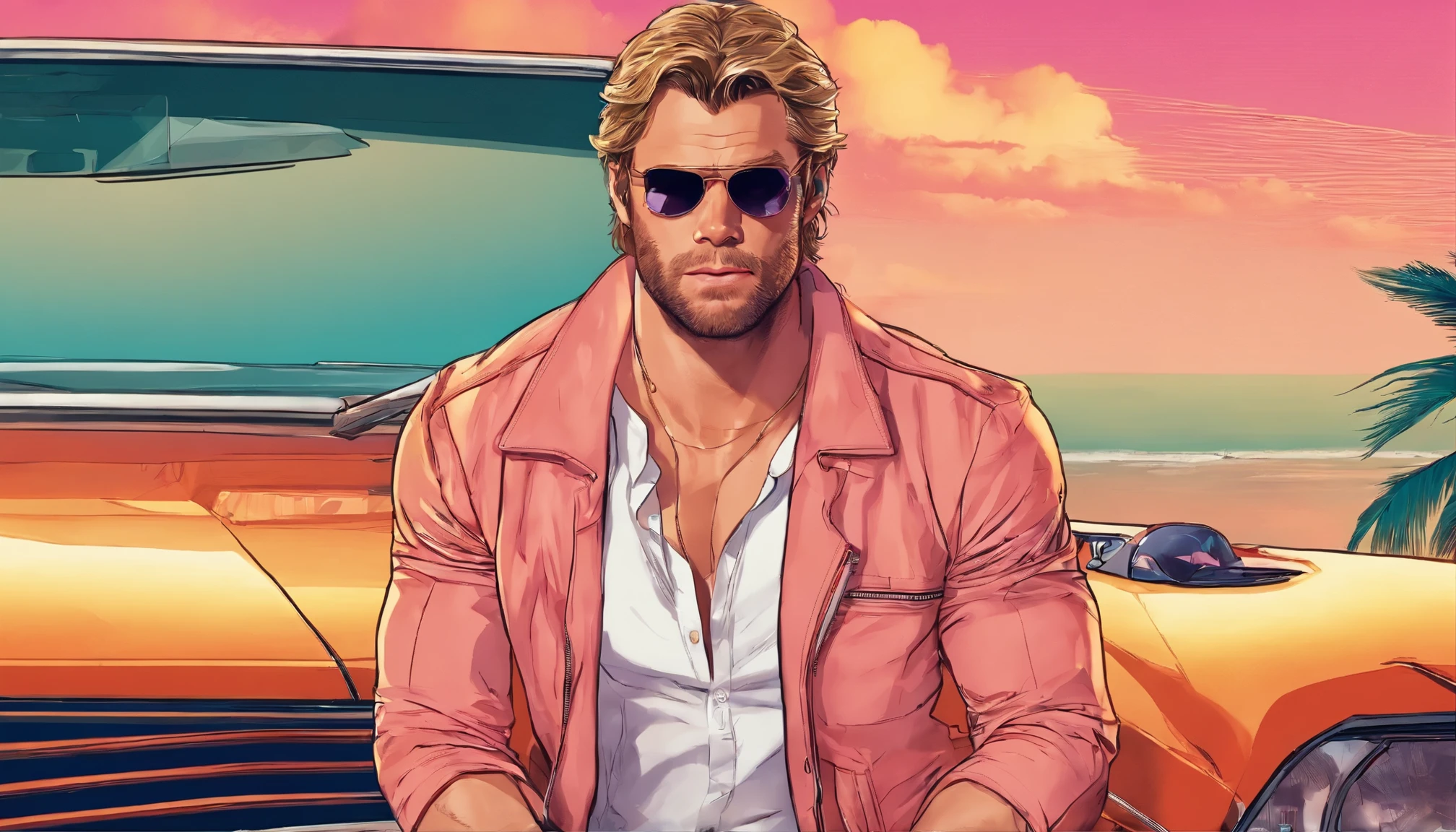 Austin English captures Chris Hemsworth in his signature minimalist style, presenting a photorealistic portrait featuring Hemsworth adorned in a Miami Vice-inspired attire. Dressed in a cobalt white button-down shirt and matching bomber jacket, the colors mirror the vibrant Miami skyline. Hemsworth's windswept hair and captivating gaze exude an intense allure, set against the backdrop of a yellow Lamborghini with ruby red interior. Accompanying him is a stunning Latina, donning a bikini and aviator sunglasses, adding to the glamorous scene. The shot, framed by South Beach's palm trees, evokes Hemsworth's high-flying lifestyle, blending masculine charm, opulent leisure, and a hint of danger reminiscent of iconic 80s action films.