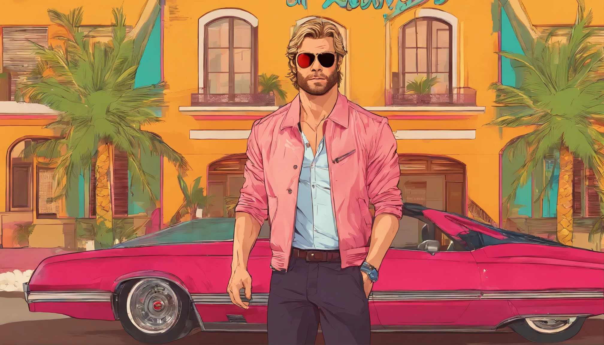 Austin English captures Chris Hemsworth in his signature minimalist style, presenting a photorealistic portrait featuring Hemsworth adorned in a Miami Vice-inspired attire. Dressed in a cobalt white button-down shirt and matching bomber jacket, the colors mirror the vibrant Miami skyline. Hemsworth's windswept hair and captivating gaze exude an intense allure, set against the backdrop of a yellow Lamborghini with ruby red interior. Accompanying him is a stunning Latina, donning a bikini and aviator sunglasses, adding to the glamorous scene. The shot, framed by South Beach's palm trees, evokes Hemsworth's high-flying lifestyle, blending masculine charm, opulent leisure, and a hint of danger reminiscent of iconic 80s action films.