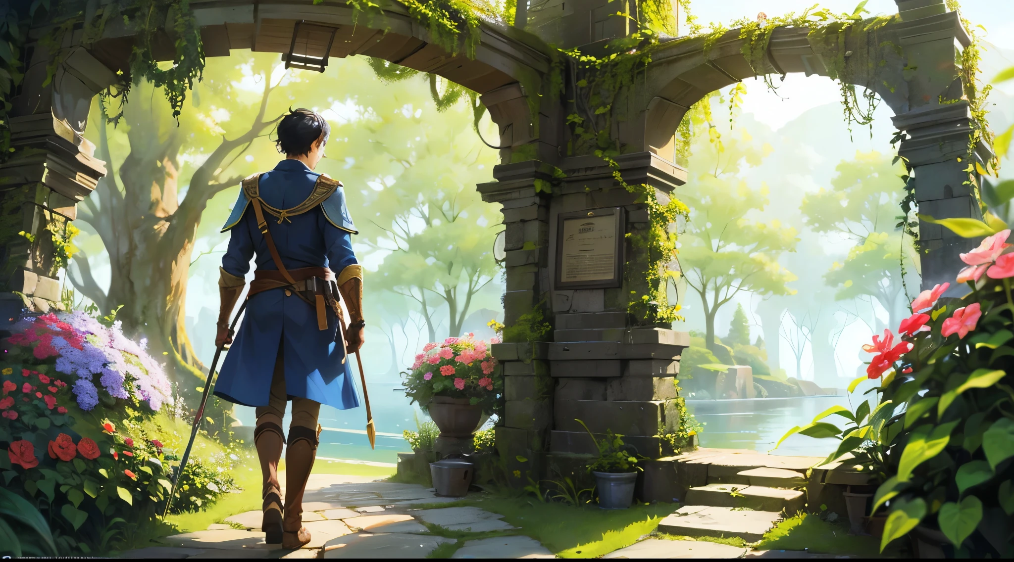 1 brave adventurer ventures into an unknown place, he has a beautiful outfit, his back is turned, entering a lush and beautiful place, an attractive and intriguing place, where there is only him