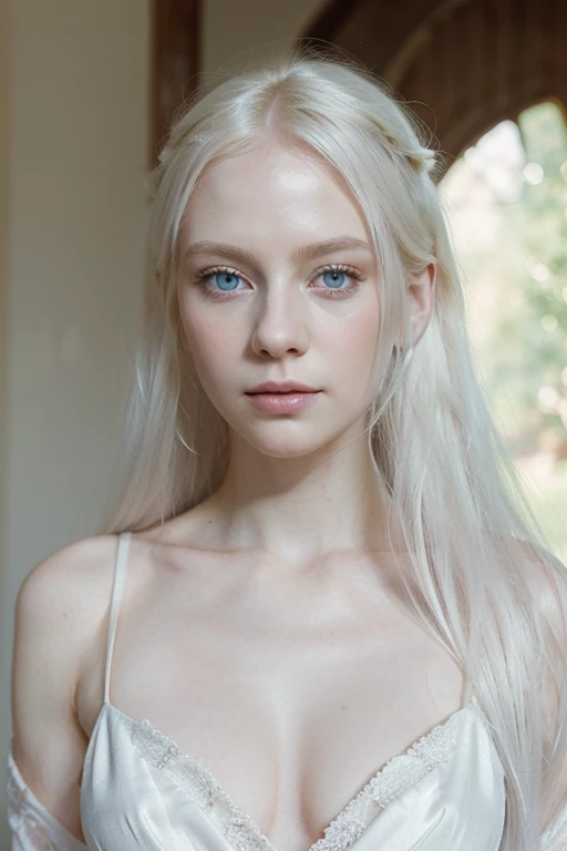 beautiful albino woman,albino skin,ethereal beauty,piercing blue eyes,long flowing white hair,porcelain complexion,soft pink lips,sensual demeanor,alluring gaze,graceful pose,subtle makeup,pure white dress,delicate features,striking contrast with her surroundings,soft natural light,subtle shadows,ethereal atmosphere,vibrant colors,dreamlike setting,romantic ambiance,artistic portrait,highly detailed rendering,photorealistic quality.