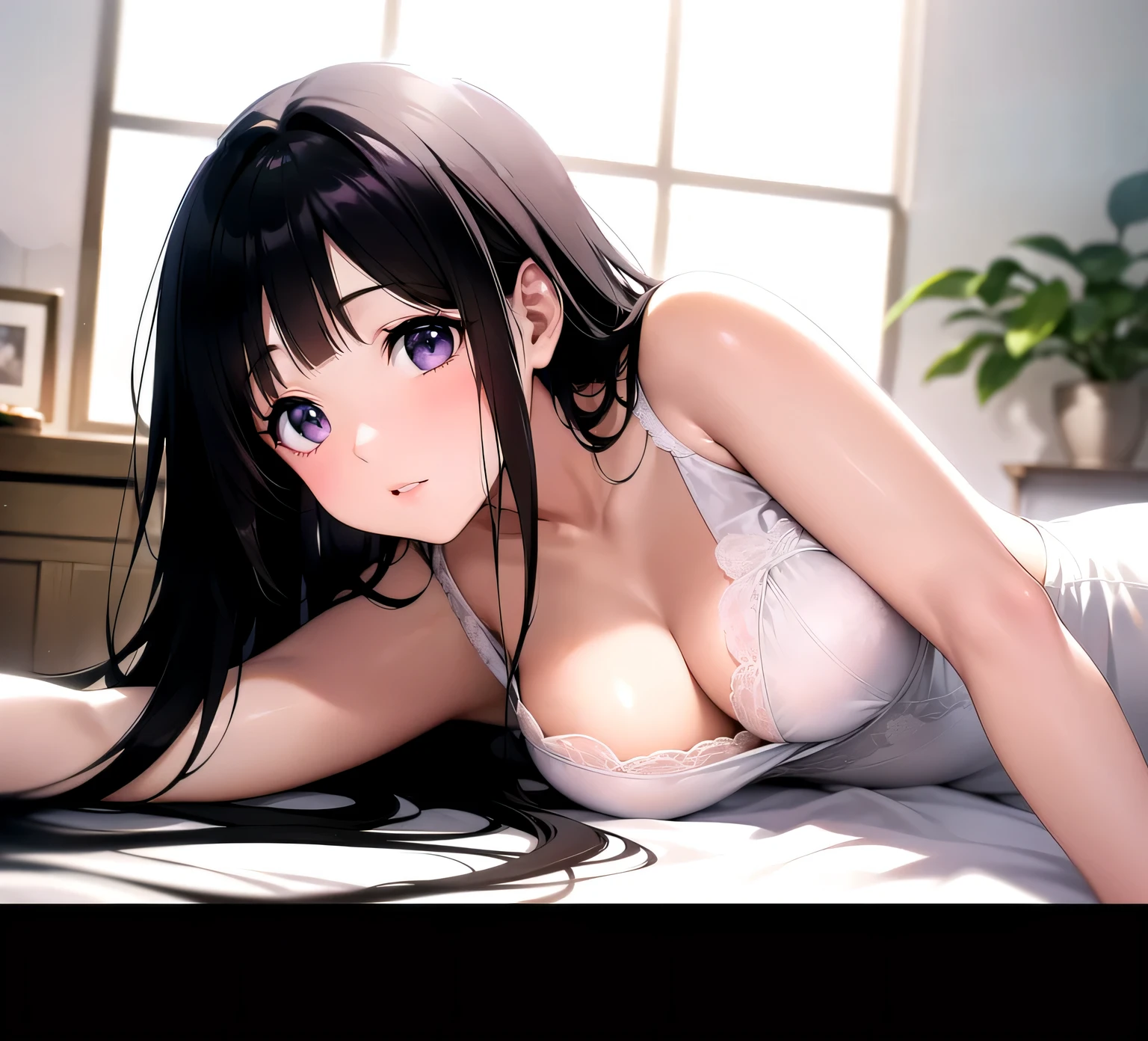 (A superb exquisite Chitanda Eru), (smiling face, happy expression, eyes closed), ((white background)), purple eyes, long black hair, natural straight hair, straight bangs, solo, [Small_breasts: large_breasts: 0.5], normal breasts, ((lying on her side, indoor)), extremely delicate, peerless beautiful girl, dreamy quality, exaggerated facial features, solid color, delicate face, bright lips, slender waist, straight curves, soft lights and shadows, super fine, 8K HD, (masterpiece:1.4), (finely detailed beautiful eyes: 1.2)