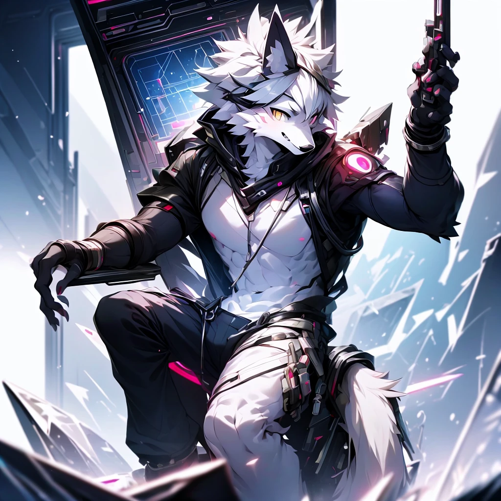 cyber punk perssonage,epcot,Tech style,solo person,White body,White ears,White hair,Overall white,Orange-yellow eyes,Wolf tail,Wolf orcs,Young,Wear a short-sleeved shirt,Ultra-clear screen,Soft lines