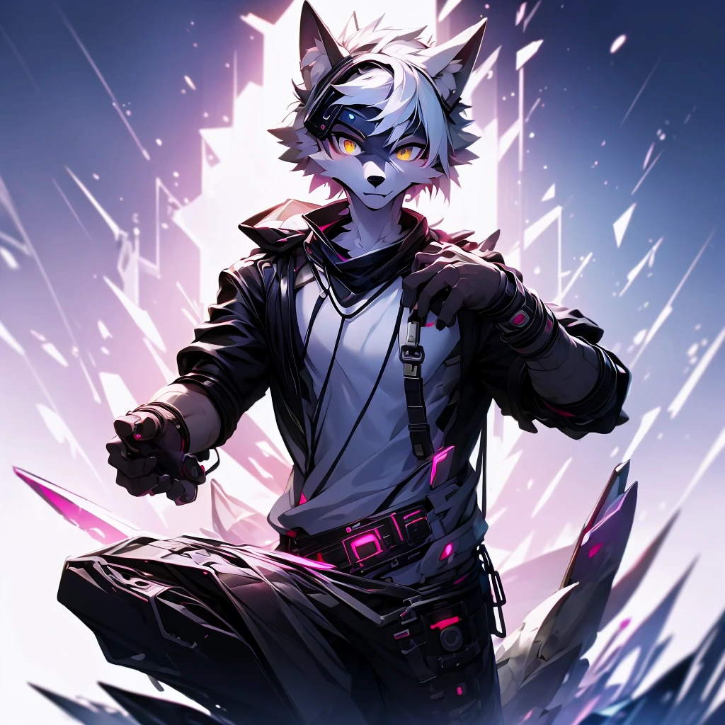 cyber punk perssonage，epcot，Tech style，solo person，White body，White ears，White hair，Overall white，Orange-yellow eyes，Wolf tail，Wolf orcs，Young，Wear a short-sleeved shirt，Ultra-clear screen，Soft lines