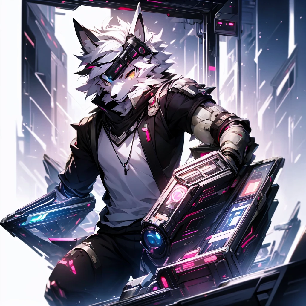 cyber punk perssonage,epcot,Tech style,solo person,White body,White ears,White hair,Overall white,Orange-yellow eyes,Wolf tail,Wolf orcs,Young,Wear a short-sleeved shirt,Ultra-clear screen,Soft lines
