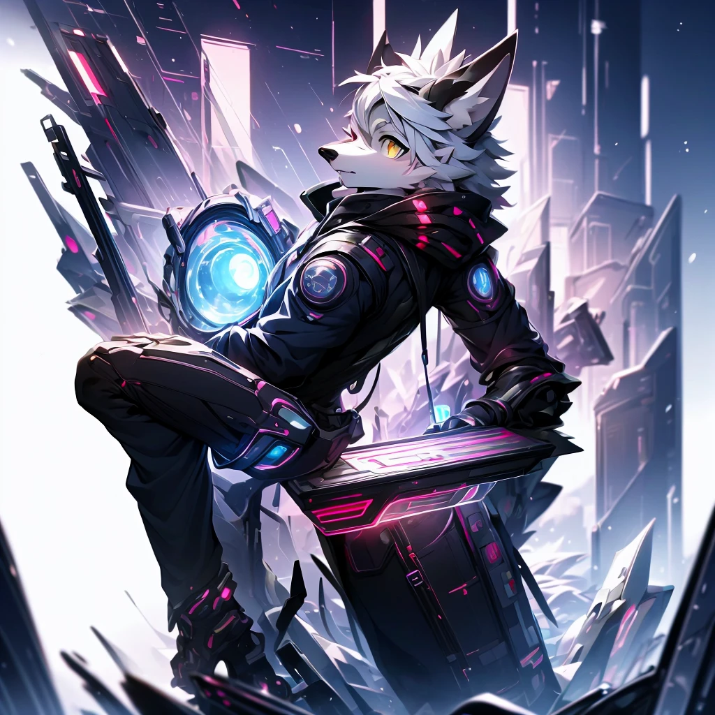 cyber punk perssonage,epcot,Tech style,solo person,White body,White ears,White hair,Overall white,Orange-yellow eyes,Wolf tail,Wolf orcs,Young,Wear a short-sleeved shirt,Ultra-clear screen,Soft lines