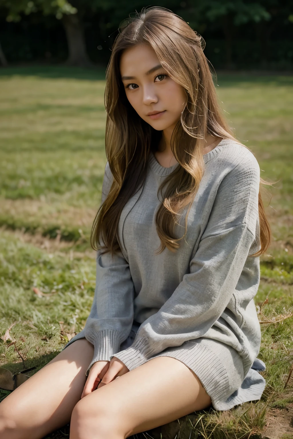 21 year old girl, asian, beautiful, cute, ultrarealistic, medium long hair, blond hair, high quality, butterfly cut, grey sweater, sitting on grass,