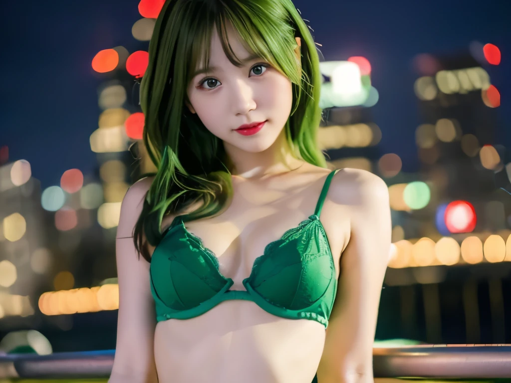 "8K resolution, Masterpiece Quality: 1.2, Photorealsitic: 1.4, Detailed 8k wallpapers, Cinematic lighting, sharp focus on the whole body, Idol of a 20-year-old Japan, Perfect body, Green hair, Green dress/lingerie,  neon nightlife, bold confidence,  skyline with green accents, Stylish Bar,  Modern city life."