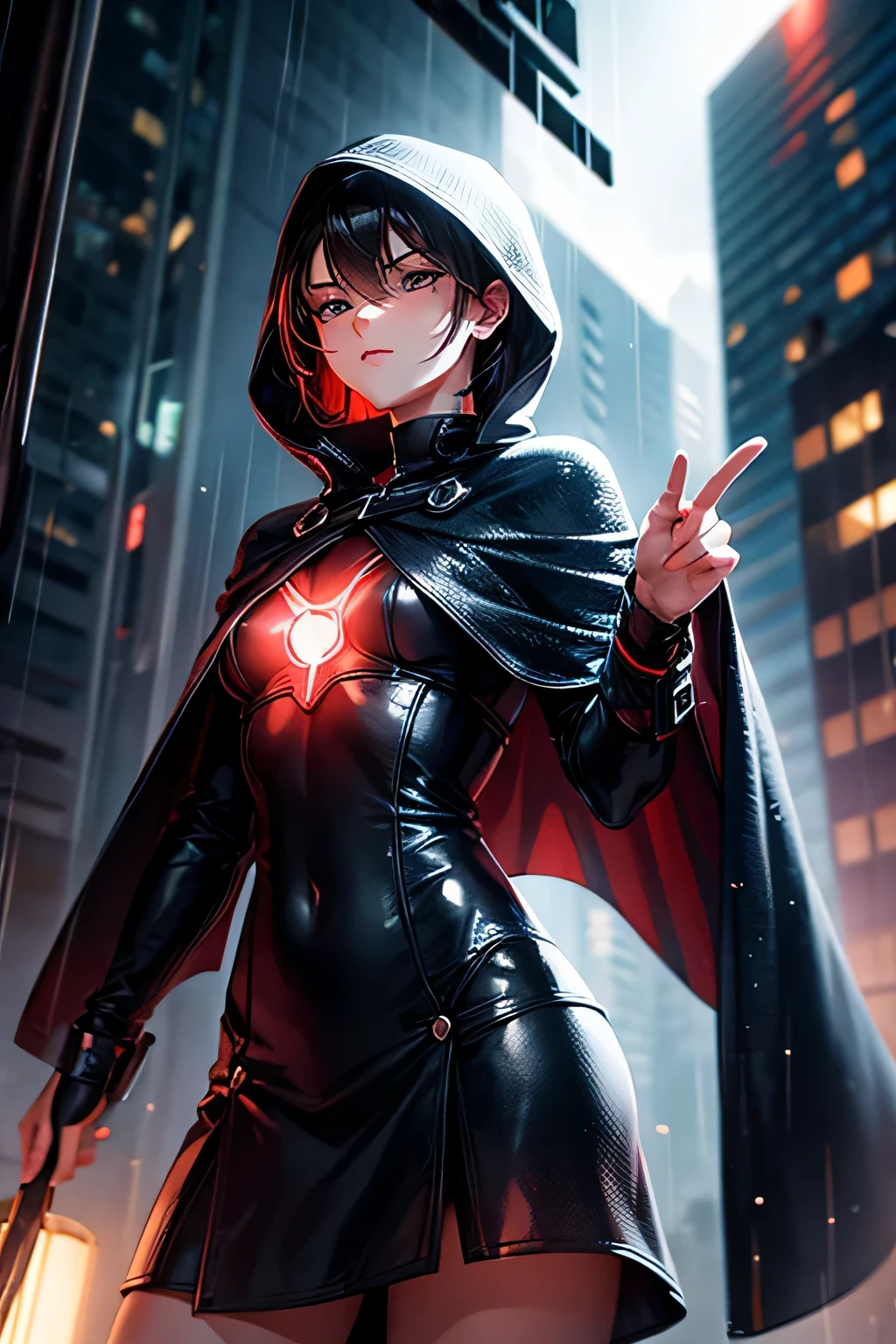(Ultra detailed:1.3),(grainy:0.8), natural red lighting, futuristic city, (raining:1.3), (dark:1.3), (fog:1.2), red lights, orange lights, crimson lights AND girl, cape with hood, light logo, [cyberpunk clothing:torn fabric:0.35], red lights, orange lights, menacing, sharp, (pointing weapon at the viewer:1.2),(Cold Colors:0.75), highly detailed, vibrant appearance, creative behavior, extremly detailed, imaginative, , spontaneous, highest quality, skin texture, intricate details, (cinematic lighting), RAW photo, 8k, masterpiece,best quality,ultra-detailed,very detailed illustrations,extremely detailed,intricate details,highres,super complex details,extremely detailed 8k cg wallpaper,