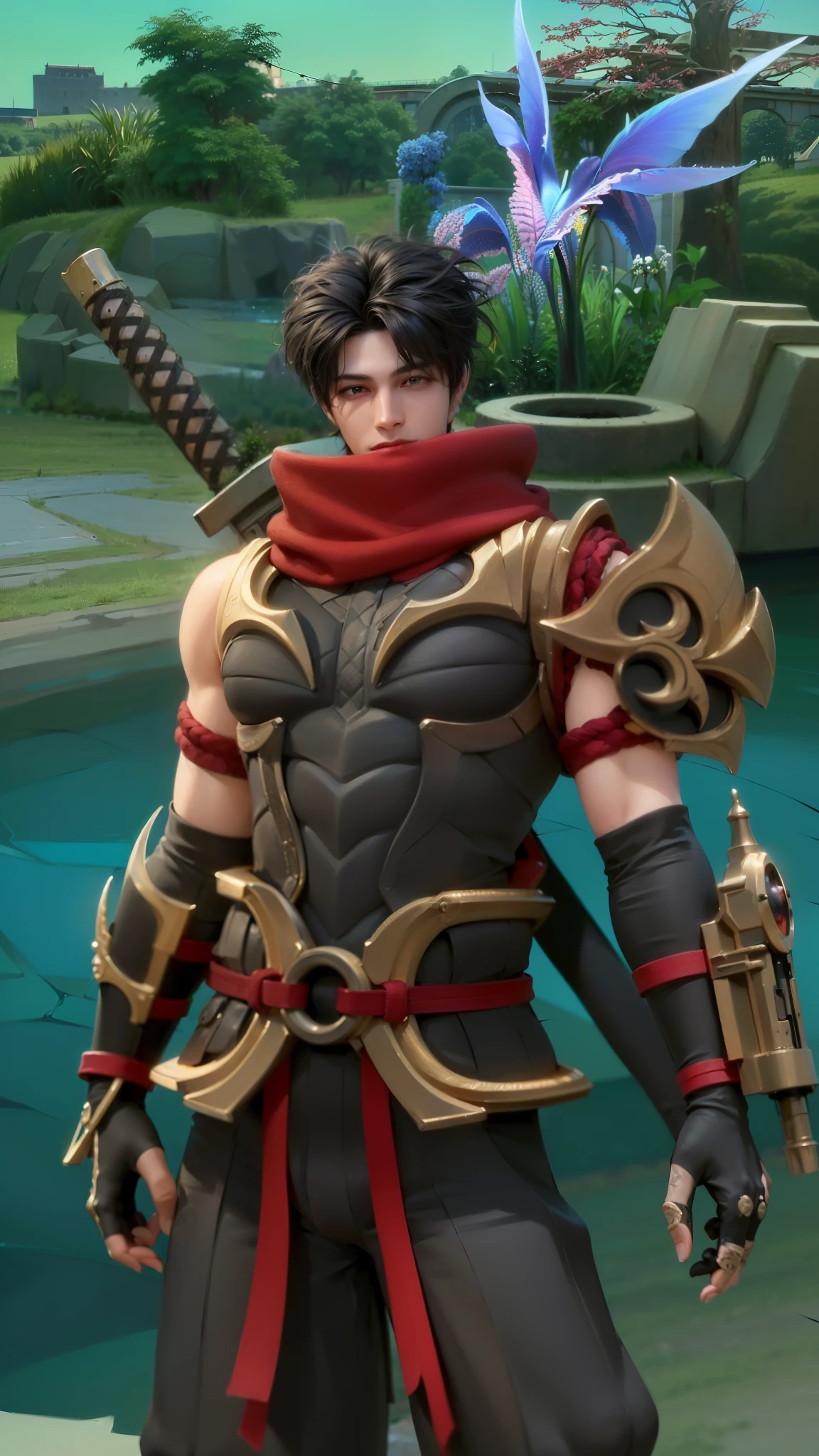 masculine male, masterpiece, ((perfect eyeest quality, (semirealism:1.9), beautiful lighting, (extremely detailed CG unity 4k fhd wallpaper), High Detail, Sharp focus, dramatic outdoors, 1 boy ,19 years old, black hair, light purpel eyes, smile.
