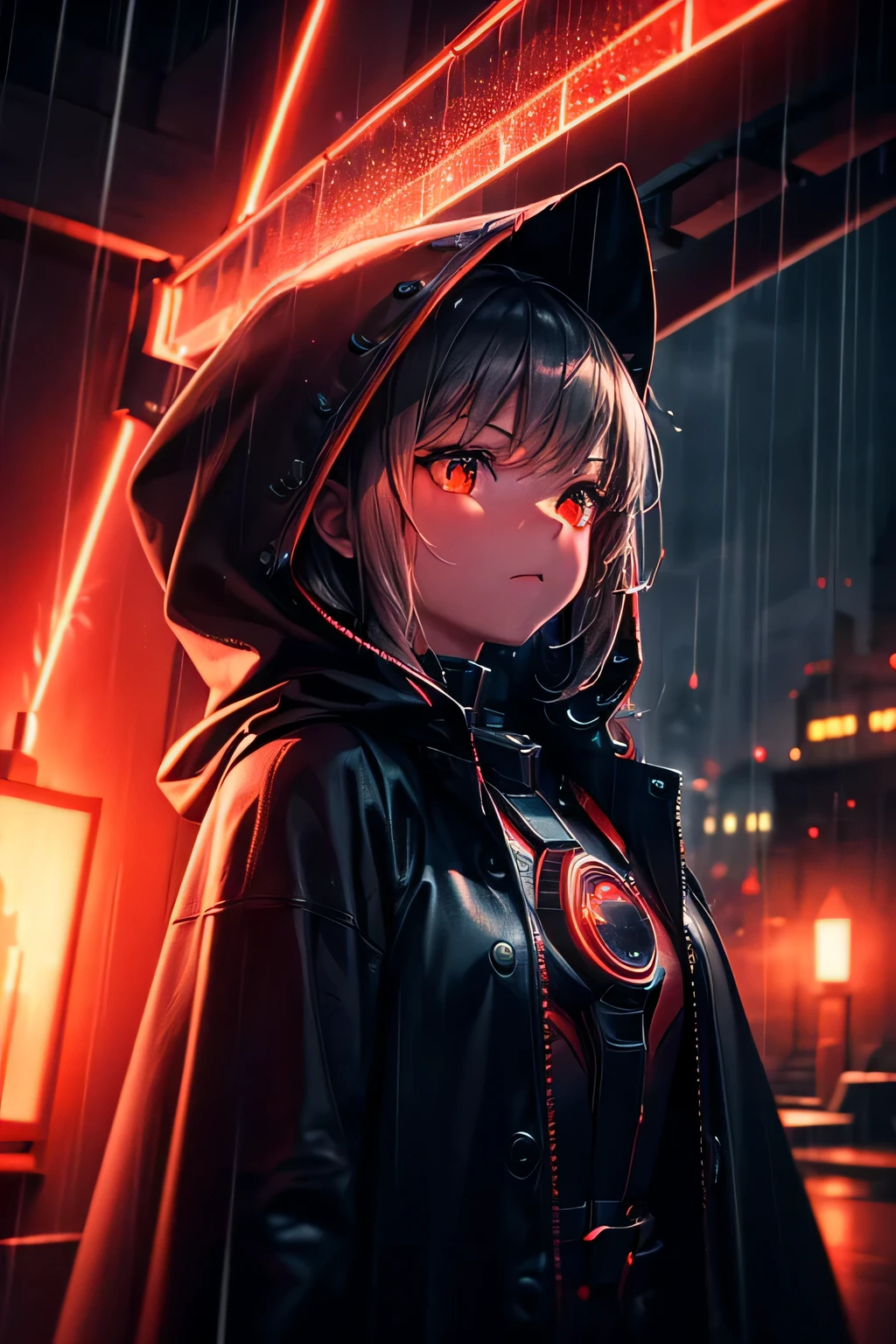 (Ultra detailed:1.3),(grainy:0.8), natural red lighting, futuristic city, (raining:1.3), (dark:1.3), (fog:1.2), red lights, orange lights, crimson lights AND girl, cape with hood, light logo, [cyberpunk clothing:torn fabric:0.35], red lights, orange lights, menacing, sharp, (pointing weapon at the viewer:1.2),(Cold Colors:0.75), highly detailed, vibrant appearance, creative behavior, extremly detailed, imaginative, , spontaneous, highest quality, skin texture, intricate details, (cinematic lighting), RAW photo, 8k, masterpiece,best quality,ultra-detailed,very detailed illustrations,extremely detailed,intricate details,highres,super complex details,extremely detailed 8k cg wallpaper,