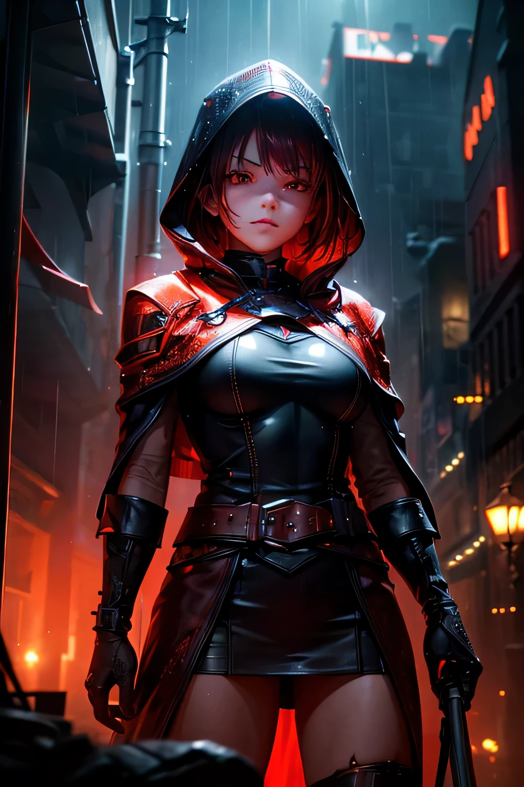 (Ultra detailed:1.3),(grainy:0.8), natural red lighting, futuristic city, (raining:1.3), (dark:1.3), (fog:1.2), red lights, orange lights, crimson lights AND girl, cape with hood, light logo, [cyberpunk clothing:torn fabric:0.35], red lights, orange lights, menacing, sharp, (pointing weapon at the viewer:1.2),(Cold Colors:0.75), highly detailed, vibrant appearance, creative behavior, extremly detailed, imaginative, , spontaneous, highest quality, skin texture, intricate details, (cinematic lighting), RAW photo, 8k, masterpiece,best quality,ultra-detailed,very detailed illustrations,extremely detailed,intricate details,highres,super complex details,extremely detailed 8k cg wallpaper,