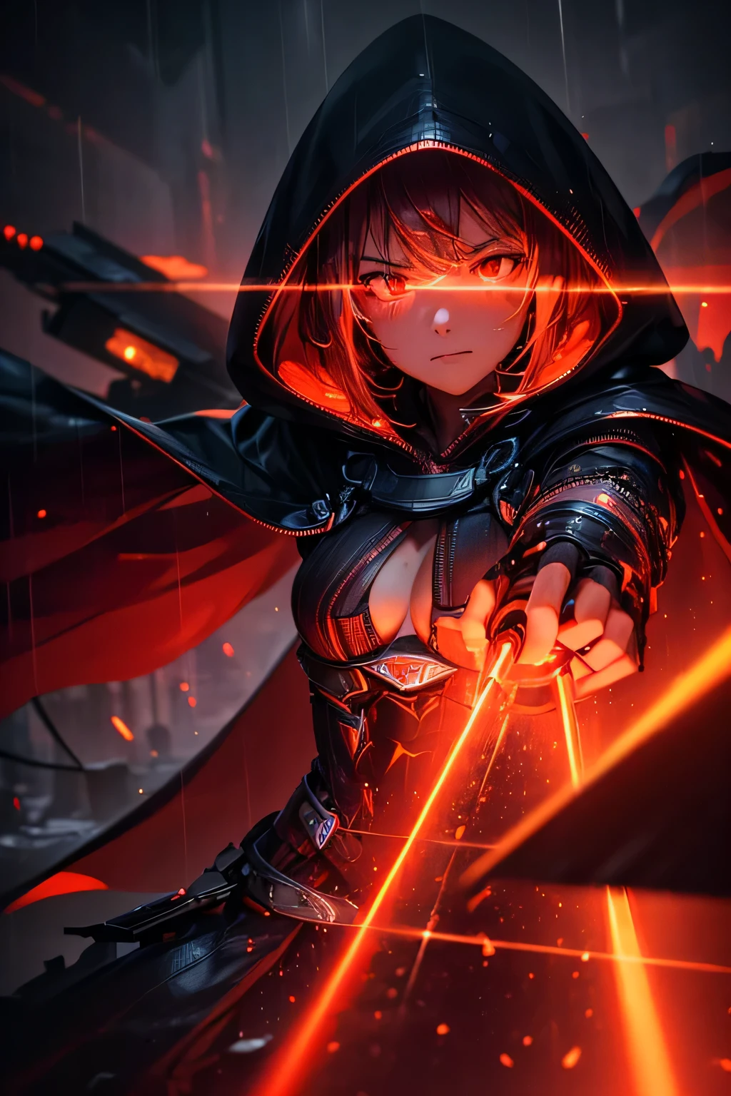 (Ultra detailed:1.3),(grainy:0.8), natural red lighting, futuristic city, (raining:1.3), (dark:1.3), (fog:1.2), red lights, orange lights, crimson lights AND girl, cape with hood, light logo, [cyberpunk clothing:torn fabric:0.35], red lights, orange lights, menacing, sharp, (pointing weapon at the viewer:1.2),(Cold Colors:0.75), highly detailed, vibrant appearance, creative behavior, extremly detailed, imaginative, , spontaneous, highest quality, skin texture, intricate details, (cinematic lighting), RAW photo, 8k, masterpiece,best quality,ultra-detailed,very detailed illustrations,extremely detailed,intricate details,highres,super complex details,extremely detailed 8k cg wallpaper,