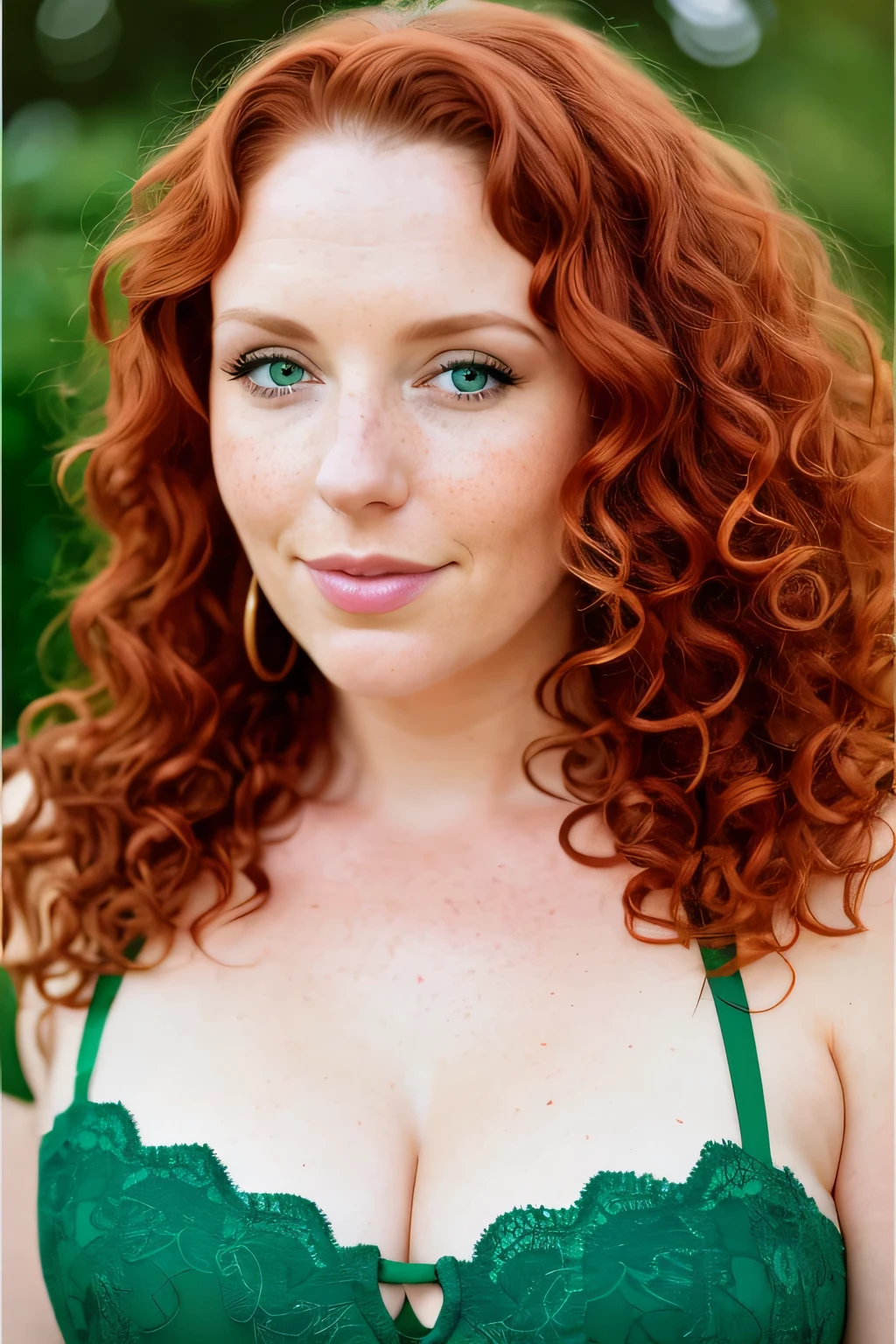 photo of beautiful age 34 woman, curvy, curly ginger hair, long hair, freckles all over, green eyes, sexy, cute, dslr, 8k, 4k, ultrarealistic, realistic, natural skin, textured skin, naked, headshot,