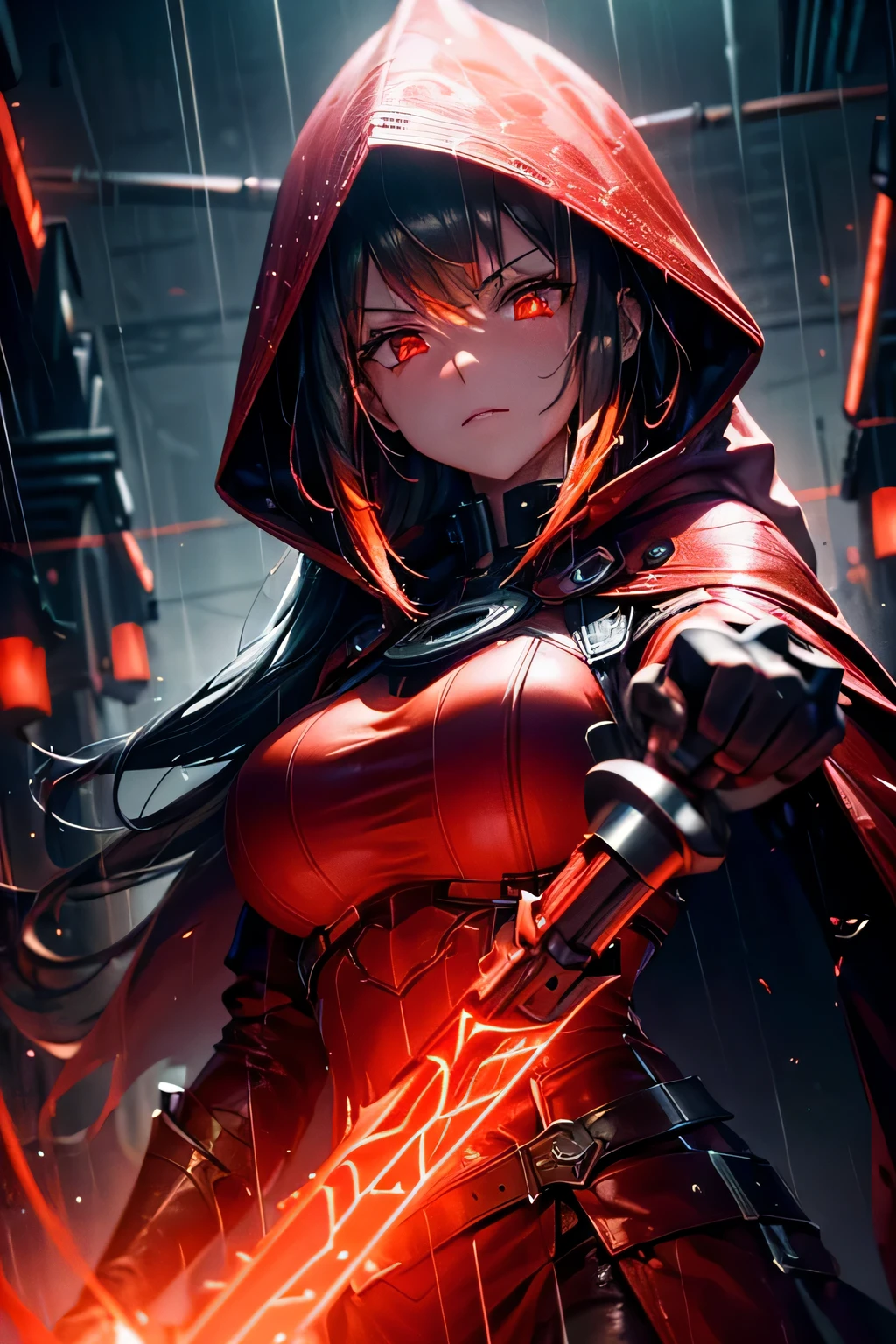 (Ultra detailed:1.3),(grainy:0.8), natural red lighting, futuristic city, (raining:1.3), (dark:1.3), (fog:1.2), red lights, orange lights, crimson lights AND girl, cape with hood, light logo, [cyberpunk clothing:torn fabric:0.35], red lights, orange lights, menacing, sharp, (pointing weapon at the viewer:1.2),(Cold Colors:0.75), highly detailed, vibrant appearance, creative behavior, extremly detailed, imaginative, , spontaneous, highest quality, skin texture, intricate details, (cinematic lighting), RAW photo, 8k, masterpiece,best quality,ultra-detailed,very detailed illustrations,extremely detailed,intricate details,highres,super complex details,extremely detailed 8k cg wallpaper,