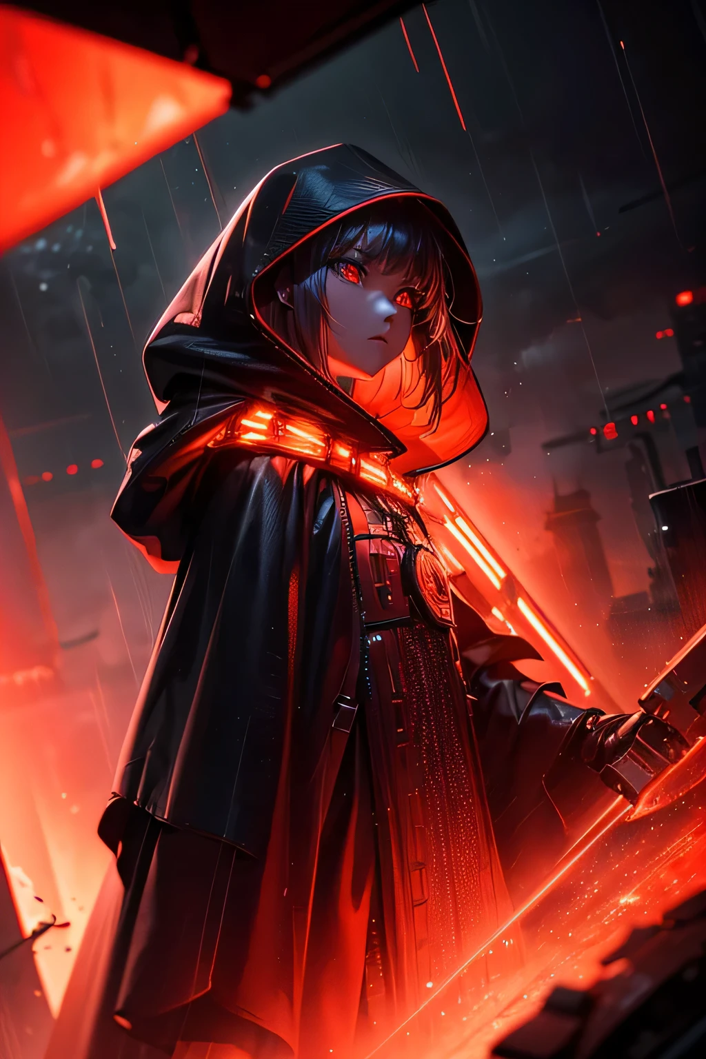 (Ultra detailed:1.3),(grainy:0.8), natural red lighting, futuristic city, (raining:1.3), (dark:1.3), (fog:1.2), red lights, orange lights, crimson lights AND girl, cape with hood, light logo, [cyberpunk clothing:torn fabric:0.35], red lights, orange lights, menacing, sharp, (pointing weapon at the viewer:1.2),(Cold Colors:0.75), highly detailed, vibrant appearance, creative behavior, extremly detailed, imaginative, , spontaneous, highest quality, skin texture, intricate details, (cinematic lighting), RAW photo, 8k, masterpiece,best quality,ultra-detailed,very detailed illustrations,extremely detailed,intricate details,highres,super complex details,extremely detailed 8k cg wallpaper,