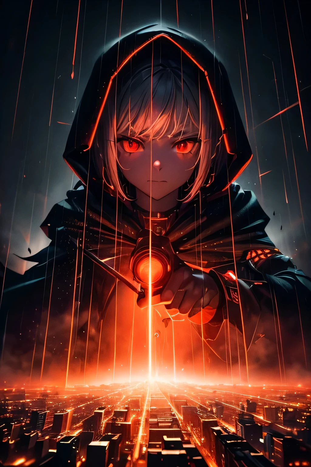 (Ultra detailed:1.3),(grainy:0.8), natural red lighting, futuristic city, (raining:1.3), (dark:1.3), (fog:1.2), red lights, orange lights, crimson lights AND girl, cape with hood, light logo, [cyberpunk clothing:torn fabric:0.35], red lights, orange lights, menacing, sharp, (pointing weapon at the viewer:1.2),(Cold Colors:0.75), highly detailed, vibrant appearance, creative behavior, extremly detailed, imaginative, , spontaneous, highest quality, skin texture, intricate details, (cinematic lighting), RAW photo, 8k, masterpiece,best quality,ultra-detailed,very detailed illustrations,extremely detailed,intricate details,highres,super complex details,extremely detailed 8k cg wallpaper,