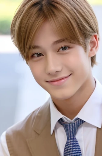 male,center parts,forehead,beautiful young man,japan america mix,teen age,like a girl,orange blond hair,light brown eyes,gray shirts,white necktie,from front,double eyelids,smile