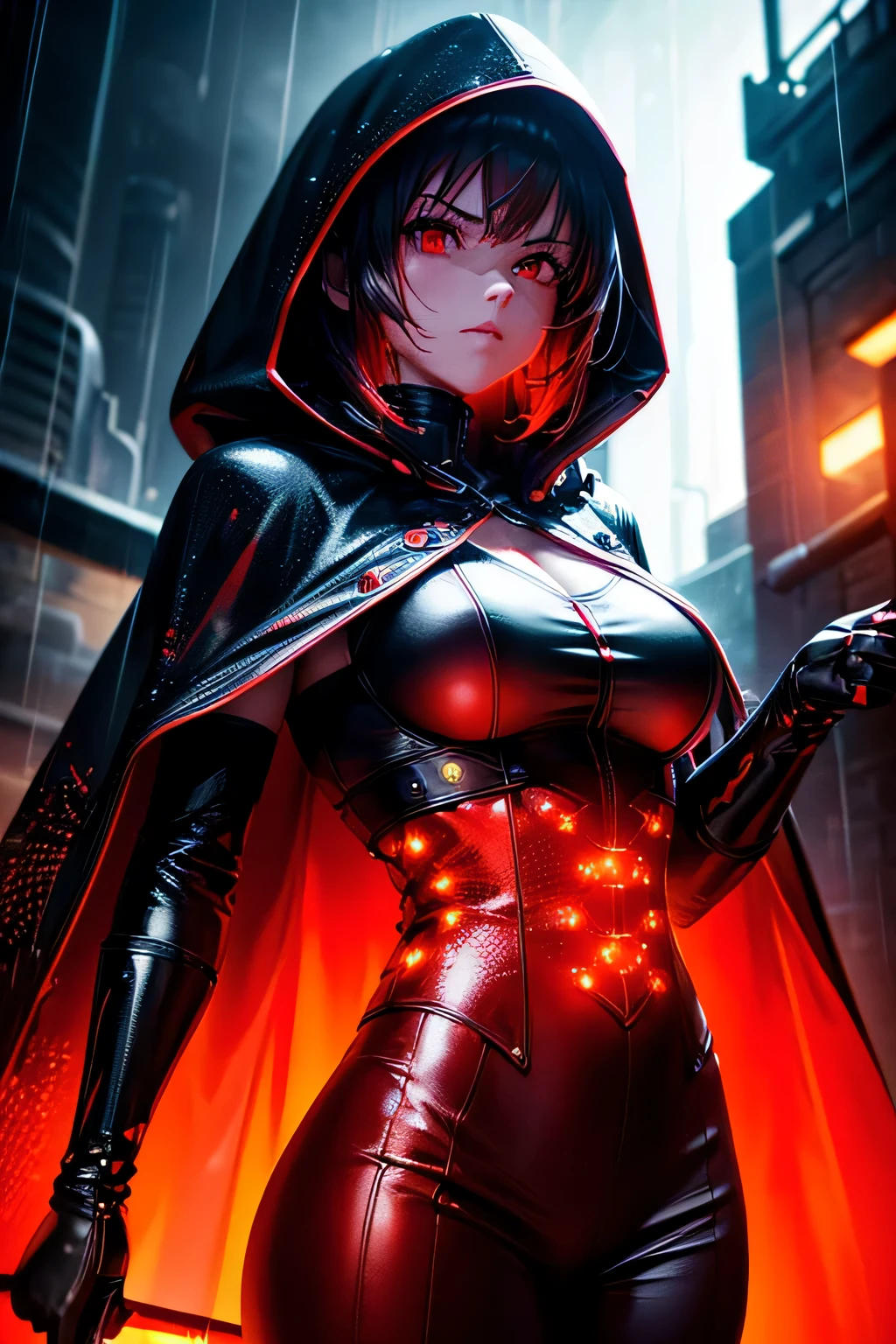 (Ultra detailed:1.3),(grainy:0.8), natural red lighting, futuristic city, (raining:1.3), (dark:1.3), (fog:1.2), red lights, orange lights, crimson lights AND girl, cape with hood, light logo, [cyberpunk clothing:torn fabric:0.35], red lights, orange lights, menacing, sharp, (pointing weapon at the viewer:1.2),(Cold Colors:0.75), highly detailed, vibrant appearance, creative behavior, extremly detailed, imaginative, , spontaneous, highest quality, skin texture, intricate details, (cinematic lighting), RAW photo, 8k, masterpiece,best quality,ultra-detailed,very detailed illustrations,extremely detailed,intricate details,highres,super complex details,extremely detailed 8k cg wallpaper,