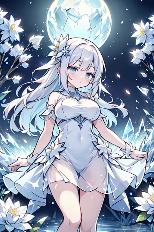 Paradise in Heaven, White lighting,(masutepiece), (Best Quality), (Cinematic), 8K, (art  stations), Li Yue painting style.(長いWhite hairとSilvery eyesを持つ1人の女), (Beautiful delicate face)、[ Particle Lou Full Moon] [Frozen trees々] [landscape crystal] [Lighting] [Ethereal Atmosphere]:1.1] [Fantasy, short story] [soft Lighting] [+Cinematic shot]:1.2 [+art  stations] [+luminous white background] [+soft Lighting] [soft glow] [Creative and dynamic angles]:1.3, [+Crystal Toning] 、masutepiece, ighly detailed, Ultra-detailed, Solo, (pale skin), Silvery eyes, White hair, (snowy background), (snowflake rosen flower:1.0), (shining crystal),, (Snowy ground), (White lashes), Female sexy、dreamy and detailed, Gorgeous setting, 妖しい雰囲気 masutepiece, The most beautiful scenes, An majestic、(((full of white flowers)))、quiet and serene atmosphere、A charming, all white tones,Inside the crystal library,Transparent flowers and falling snow，Many white roses are planted,(flowingwater,falls,water bloom),The decoration is also carefully done.,Dreamy（ighly detailedです，Creative Design，crisp and precise lines，K HD，best qualtiy，tmasterpiece，超hight resolution，4K）、Diverse poses、((beautiful white flower hair ornament))、Beautiful hairstyle、(Best Quality, 4K, 8K, hight resolution, masutepiece:1.2), Ultra-detailed, Detailed expression, Graceful posture, expressive brush strokes, mystic atmosphere, artistic interpretation,Delicate floral jewelry， (((Detailed design、Beautiful lace translucent dress、see-through small dress)))、(SFW:1.5), (Oversized breasts, best body proportions, proportions of large breasts,:1.5),(white decoration on thigh)、((Beautiful crystal accessories on the legs))。((Beautiful crystal accessories on the arm))、(((maikurobikini)))