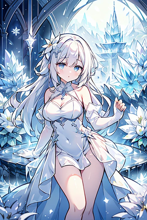 (Paradise in Heaven, White lighting,(muste piece), (best quality), (cinematic), 8K, (art station), Li Yue painting style.(長いwhite hairとSilvery eyesを持つ1人の女), (beautiful delicate face)、[ Particle Lou Full Moon] [Frozen trees々] [landscape crystal] [great writing] [Ethereal Atmosphere]:1.1] [fantasy, short story] [soft great writing] [+cinematic shot]:1.2 [+art station] [+luminous white background] [+soft great writing] [soft glow] [Creative and dynamic angles]:1.3, [+Crystal Toning] 、muste piece, very detailed, Super detailed, solo, (pale skin), Silvery eyes, white hair, (snow background), (snowflake rosen flower:1.0), (shining crystal),, (Snowy ground), (White lashes), sexy woman、dreamy and detailed, Gorgeous setting, 妖しい雰囲気 muste piece, The most beautiful scenes, majestic、(((full of white flowers)))、quiet and serene atmosphere、attractive, all white tones,Inside the crystal library,Transparent flowers and falling snow，Many white roses are planted,(water flowing,waterfall,water bloom),The decoration is also carefully done.,dream（very detailedです，creative design，crisp and precise lines，K HD，best quality，T Masterpiece，超High resolution，In 4K）、Diverse poses、((beautiful white flower hair ornament))、beautiful hairstyle、(best quality, In 4K, 8K, High resolution, muste piece:1.2), Super detailed, detailed expression, graceful posture, expressive brush strokes, mysterious atmosphere, artistic interpretation,Delicate floral jewelry， (((Detailed design、Beautiful lace translucent dress、see-through small dress)))、(SFW:1.5), (oversized breasts, best body proportions, proportions of large breasts,:1.5),(white decoration on thigh)、((Beautiful crystal accessories on the legs))。((Beautiful crystal accessories on the arm))、(((micro bikini)))