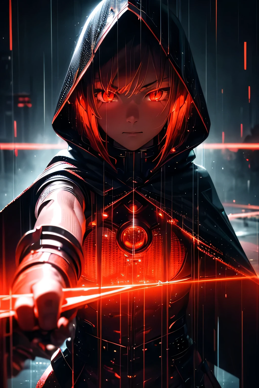 (Ultra detailed:1.3),(grainy:0.8), natural red lighting, futuristic city, (raining:1.3), (dark:1.3), (fog:1.2), red lights, orange lights, crimson lights AND girl, cape with hood, light logo, [cyberpunk clothing:torn fabric:0.35], red lights, orange lights, menacing, sharp, (pointing weapon at the viewer:1.2),(Cold Colors:0.75), highly detailed, vibrant appearance, creative behavior, extremly detailed, imaginative, , spontaneous, highest quality, skin texture, intricate details, (cinematic lighting), RAW photo, 8k, masterpiece,best quality,ultra-detailed,very detailed illustrations,extremely detailed,intricate details,highres,super complex details,extremely detailed 8k cg wallpaper,