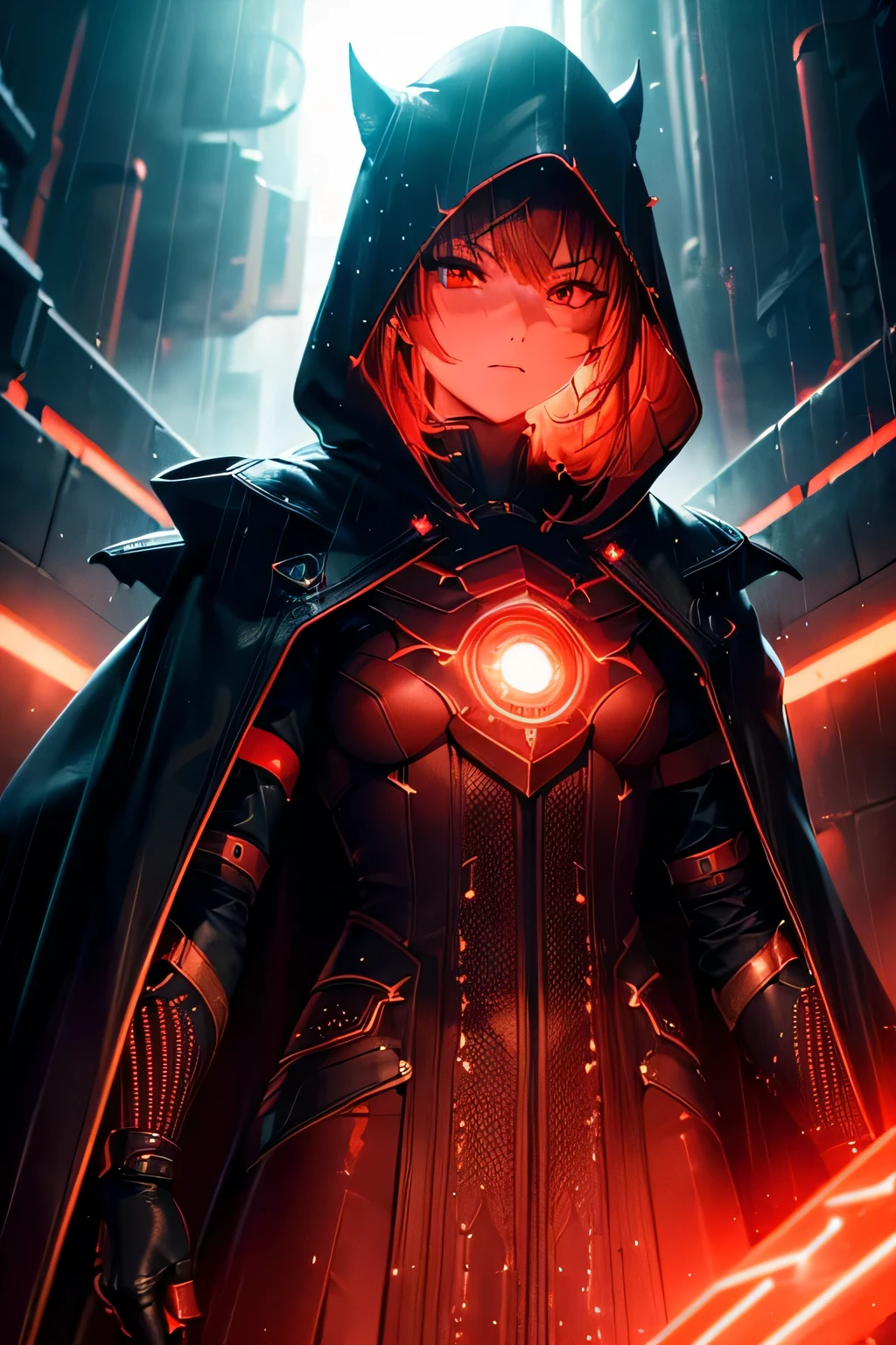 (Ultra detailed:1.3),(grainy:0.8), natural red lighting, futuristic city, (raining:1.3), (dark:1.3), (fog:1.2), red lights, orange lights, crimson lights AND girl, cape with hood, light logo, [cyberpunk clothing:torn fabric:0.35], red lights, orange lights, menacing, sharp, (pointing weapon at the viewer:1.2),(Cold Colors:0.75), highly detailed, vibrant appearance, creative behavior, extremly detailed, imaginative, , spontaneous, highest quality, skin texture, intricate details, (cinematic lighting), RAW photo, 8k, masterpiece,best quality,ultra-detailed,very detailed illustrations,extremely detailed,intricate details,highres,super complex details,extremely detailed 8k cg wallpaper,
