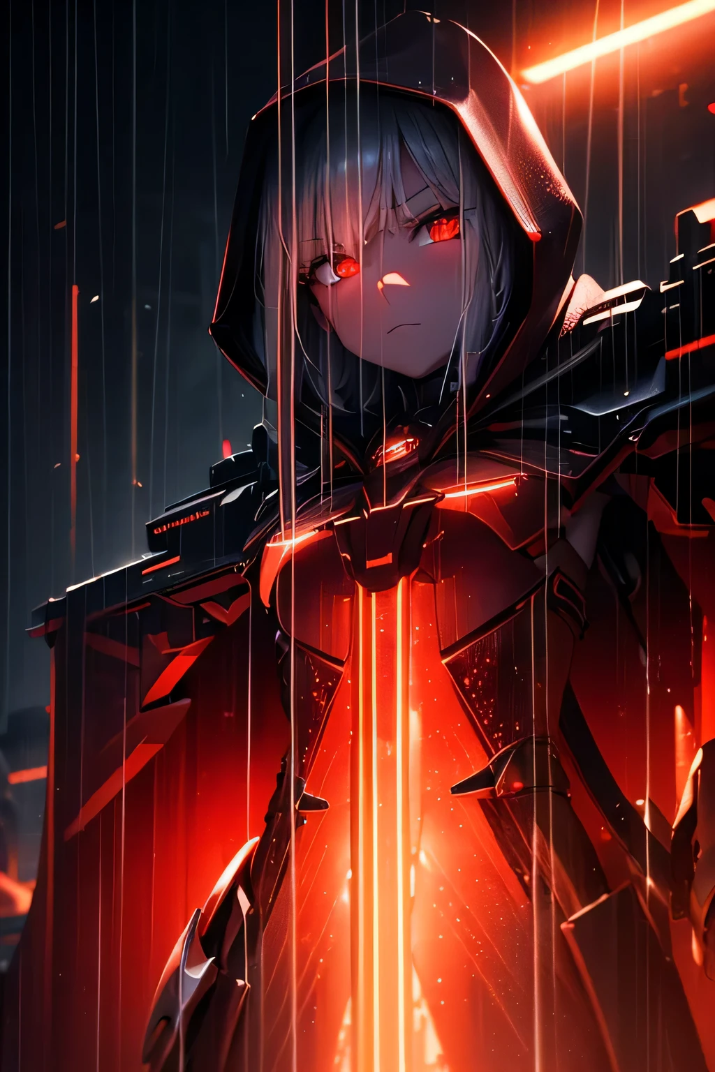 (Ultra detailed:1.3),(grainy:0.8), natural red lighting, futuristic city, (raining:1.3), (dark:1.3), (fog:1.2), red lights, orange lights, crimson lights AND girl, cape with hood, light logo, [cyberpunk clothing:torn fabric:0.35], red lights, orange lights, menacing, sharp, (pointing weapon at the viewer:1.2),(Cold Colors:0.75), highly detailed, vibrant appearance, creative behavior, extremly detailed, imaginative, , spontaneous, highest quality, skin texture, intricate details, (cinematic lighting), RAW photo, 8k, masterpiece,best quality,ultra-detailed,very detailed illustrations,extremely detailed,intricate details,highres,super complex details,extremely detailed 8k cg wallpaper,