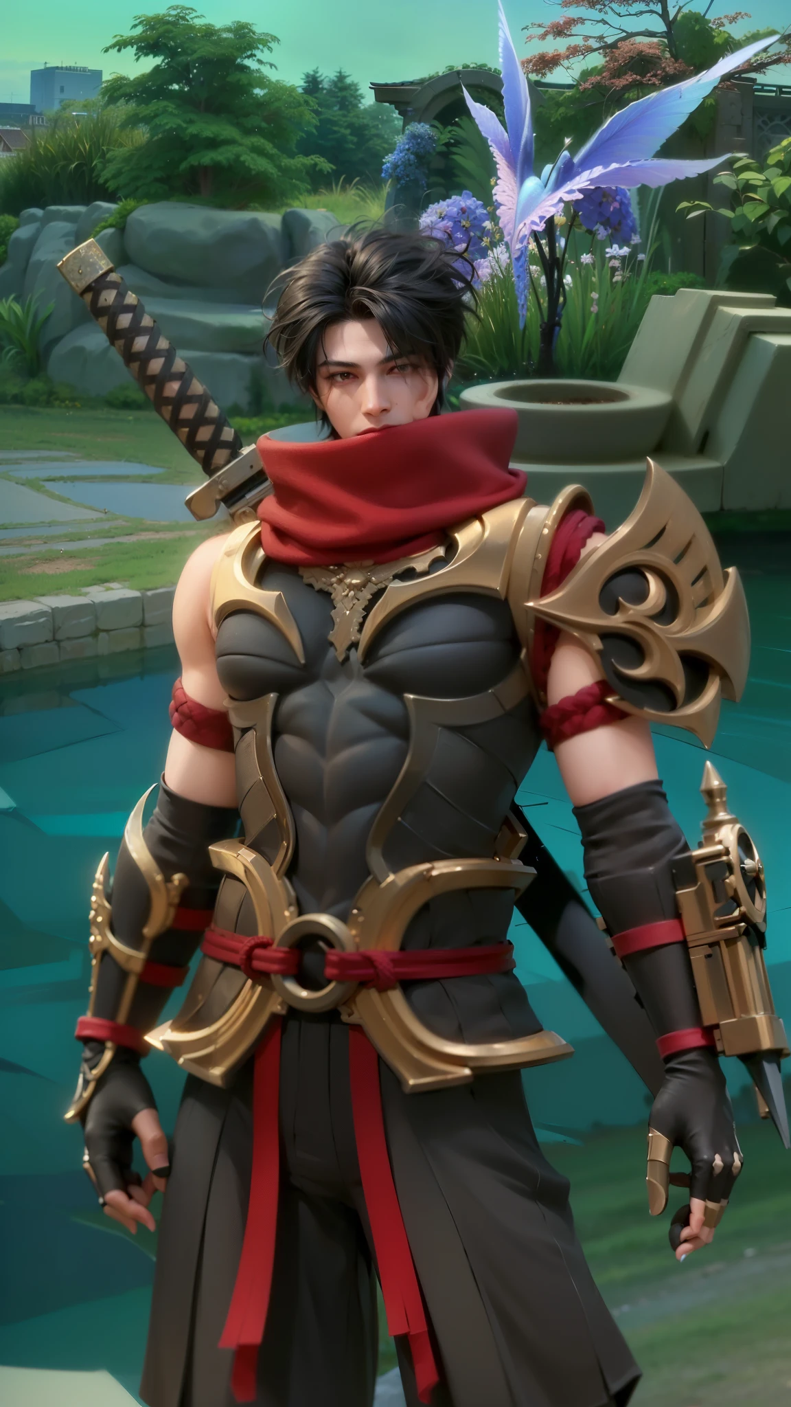 masculine male, masterpiece, ((perfect eyeest quality, (semirealism:1.9), beautiful lighting, (extremely detailed CG unity 4k fhd wallpaper), High Detail, Sharp focus, dramatic outdoors, 1 boy ,19 years old, black hair, light purpel eyes, smile.
