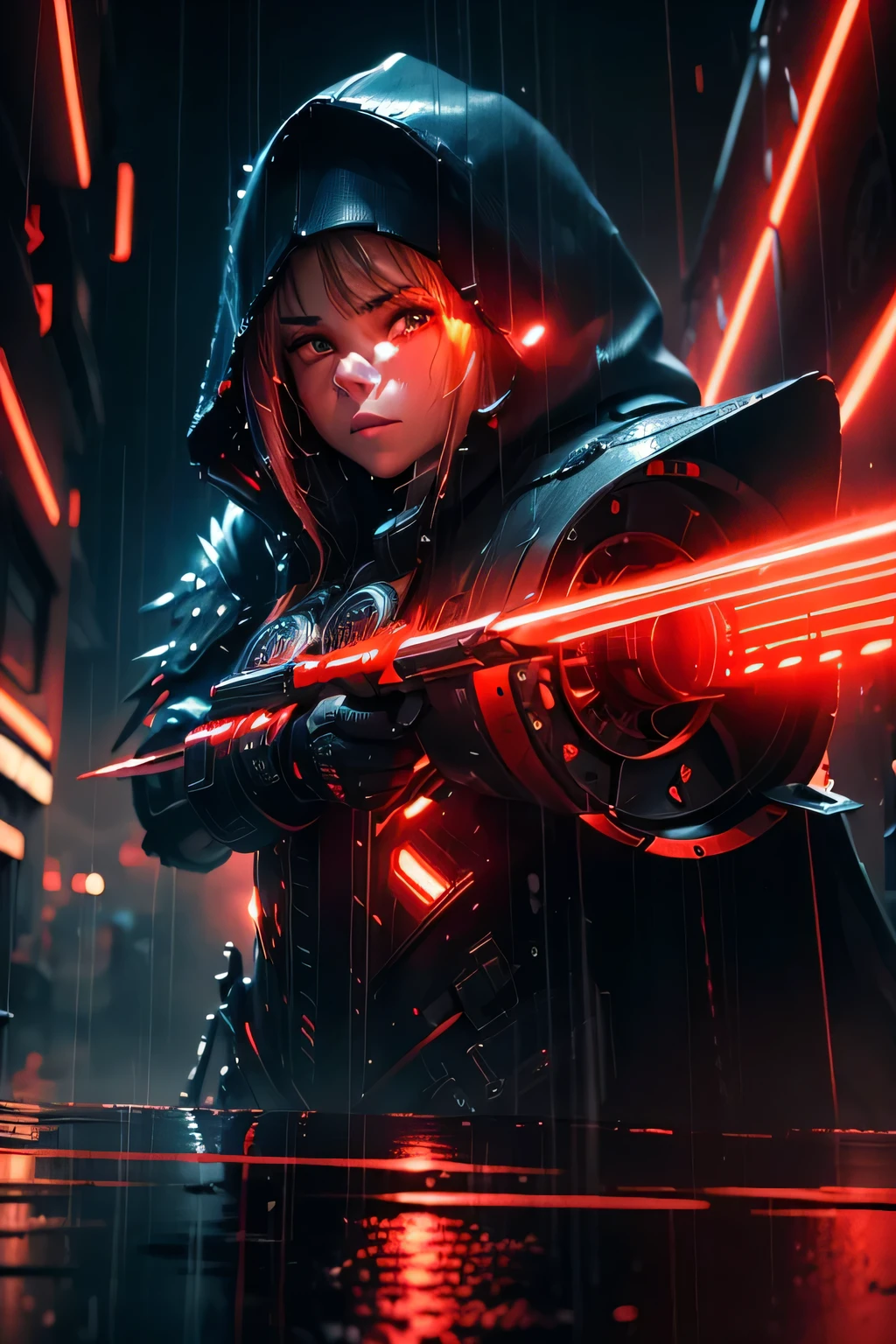 (Ultra detailed:1.3),(grainy:0.8), natural red lighting, futuristic city, (raining:1.3), (dark:1.3), (fog:1.2), red lights, orange lights, crimson lights AND girl, cape with hood, light logo, [cyberpunk clothing:torn fabric:0.35], red lights, orange lights, menacing, sharp, (pointing weapon at the viewer:1.2),(Cold Colors:0.75), highly detailed, vibrant appearance, creative behavior, extremly detailed, imaginative, , spontaneous, highest quality, skin texture, intricate details, (cinematic lighting), RAW photo, 8k, masterpiece,best quality,ultra-detailed,very detailed illustrations,extremely detailed,intricate details,highres,super complex details,extremely detailed 8k cg wallpaper,