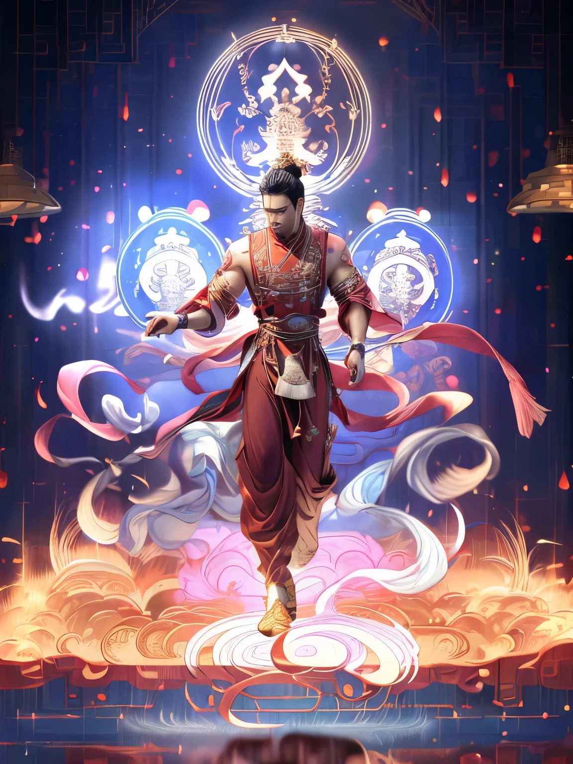 （intricately details，tmasterpiece，Best quality，A high resolution，8K），1男性，Pretty boy，Asian people，Handsome，Tall muscular man，broad-shouldered monk，dark brown eyes and delicate face，looking at viewert，独奏，（Style swirl magic：0.7），（Full body lesbian：0.6），（Chinese fantasy theme：1.1），A highly respected monk，Behind him，It’s golden Dharma light，Dynamic aiming pose，and tight-grip fingerless gloves.，Wristbands，Dragon Theme Costume，The monk's cassock，Background with，rotating floating particles，dynamic combination，Mysterious oriental medieval atmosphere，depth of fields，vfx。