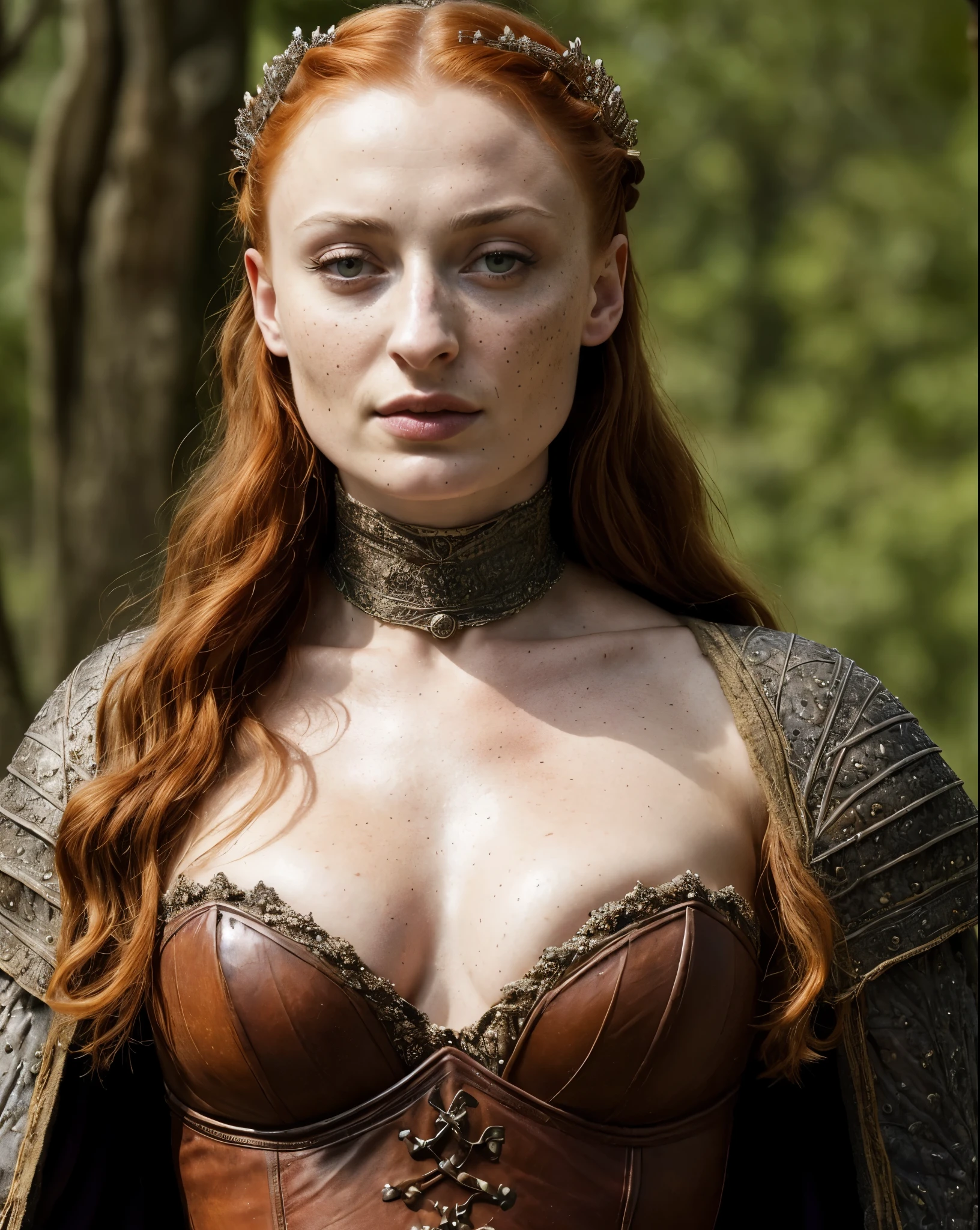 ( Photograph of Sophie Turner ) Alayne Stone, Gorgeous Woman, upper body shot , Closeup, Queen, queen lady, Lady of Winterfell, Wardeness of the North, : Sansa Stark) the de facto Lady of the Eyrie, 40 years Old, she  a Full growned mature lady now, beautiful mature lady, the queen, milf beauty, mature queen, perfectly visible mole on her breast, a captivating woman, beautiful queen, empress, mediaeval queen, alluring appearance, unrivaled beauty, wonderful breasts, large breasts, mediaeval erotic costumes, a Game of Thrones-inspired costume, a close-up of a woman from the middle ages, scene from "Game of Throne," deep cleavage, warrior princess, healthy body, perfect thick body, attractive figure, fleshy body, style of "Game of Throne," beautiful lady, beautiful woman, stunning woman, dress made of leather  clothe ( ( insanely detailed realistic skin texture, pores, wrinkles ,freckles) , realistic environment, detailed ultra realistic facial features perfect body parts, natural light  ( hyper photorealistic) )