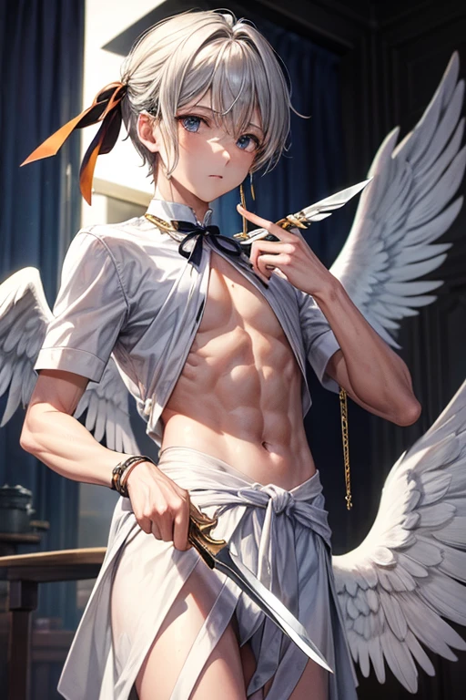 1boy, male, , innocent face, cute face, youthful face, tanned skin, tan skin, golden eyes, fairy, fairy wings, golden fairy wings, gold fairy wings, yellow fairy wings, brown hair, dark brown hair, long hair, glowing neon hair streaks, braided hair, thin body, short, sexy, skimpy, loincloth, blacksmith, technomancer, cybernetic body, forge hammer