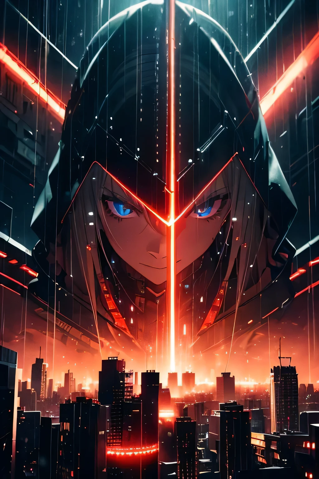(Ultra detailed:1.3),(grainy:0.8), natural red lighting, futuristic city, (raining:1.3), (dark:1.3), (fog:1.2), red lights, orange lights, crimson lights AND girl, cape with hood, light logo, [cyberpunk clothing:torn fabric:0.35], red lights, orange lights, menacing, sharp, (pointing weapon at the viewer:1.2),(Cold Colors:0.75), highly detailed, vibrant appearance, creative behavior, extremly detailed, imaginative, , spontaneous, highest quality, skin texture, intricate details, (cinematic lighting), RAW photo, 8k, masterpiece,best quality,ultra-detailed,very detailed illustrations,extremely detailed,intricate details,highres,super complex details,extremely detailed 8k cg wallpaper,